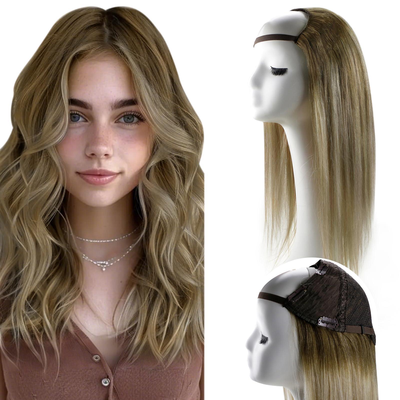 RUNATURE RUNATURE Upart Human Hair Wig Balayage U Part Wig Human Hair Straight 20 Inch Remy U Part Wig Brown to Blonde U Shape Wigs 3/4 Head Half Wig Human Hair with Middle Cap