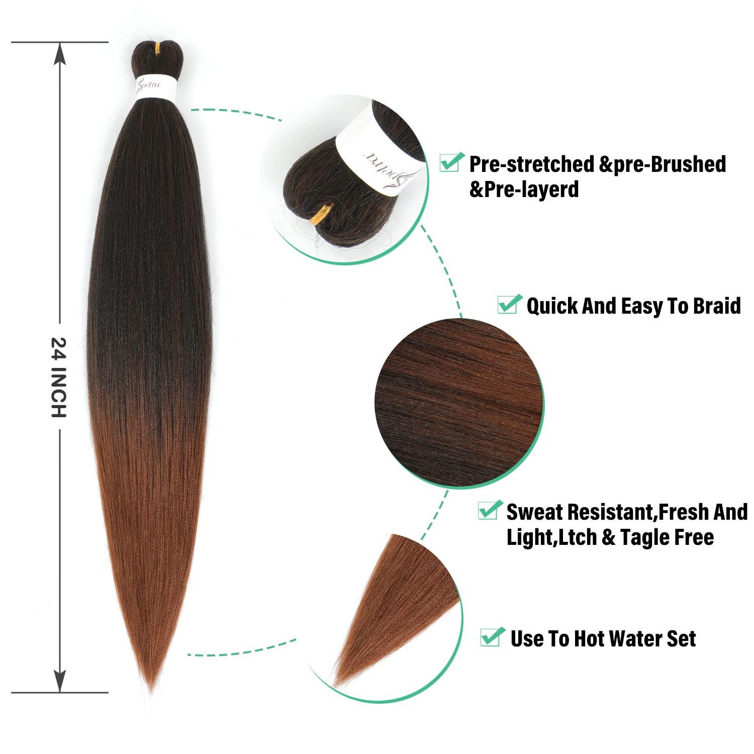SOKU Pre-stretched Braiding Hair 4 Packs- 24 Inch Ombre Brown Braiding Hair Yaki Straight Prestretched EZ Braids Hot Water Setting Ombre Aurburn Professional Soft Synthetic Hair Extensions