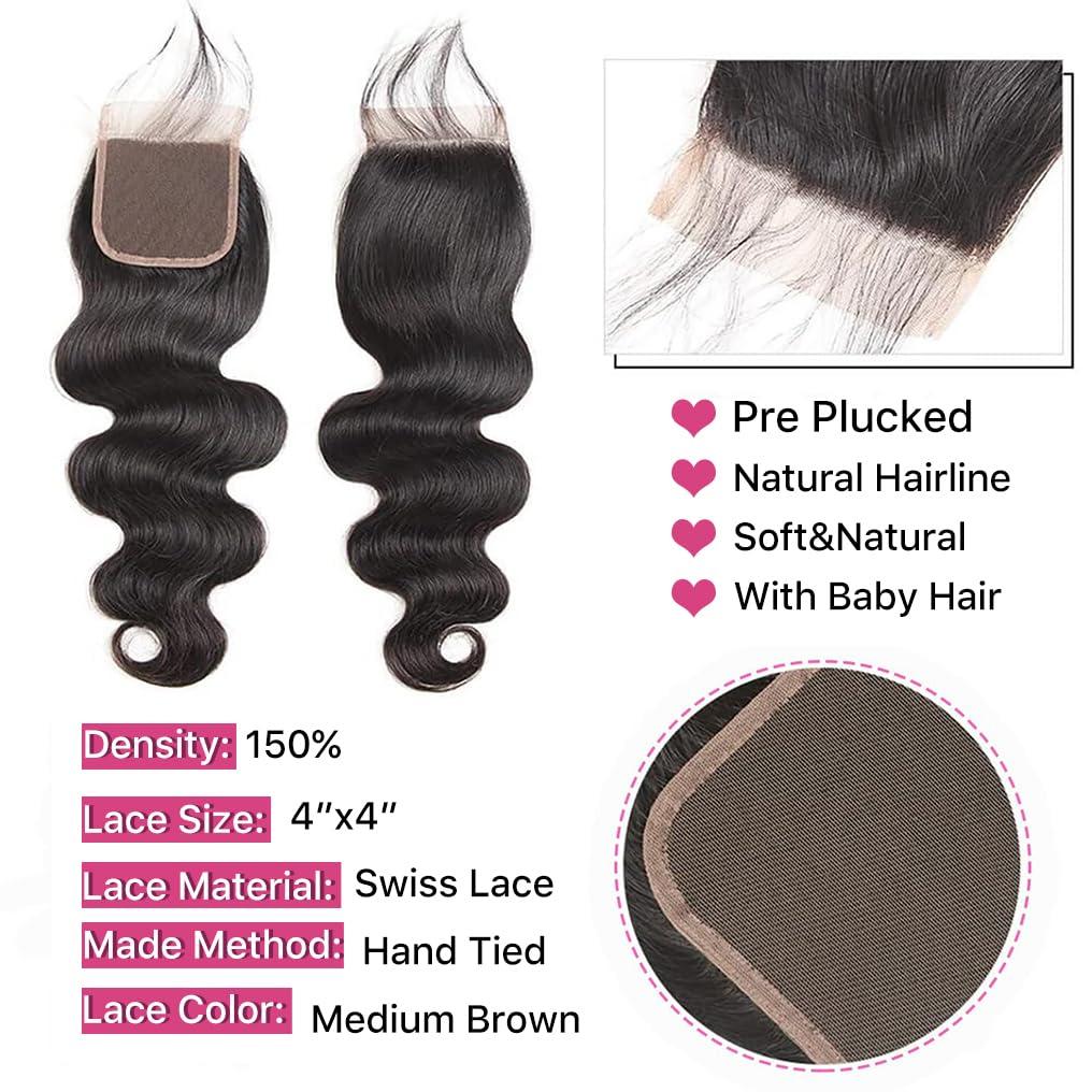 menalue Menalue Closure with 3 Bundles Body Wave Human Hair Bundles with Closure 10A Brazilian Virgin Human Hair Weave Bundles with 4x4 Lace Closure Double Weft Free Part Natural Color (14 16 18+12 Inch)