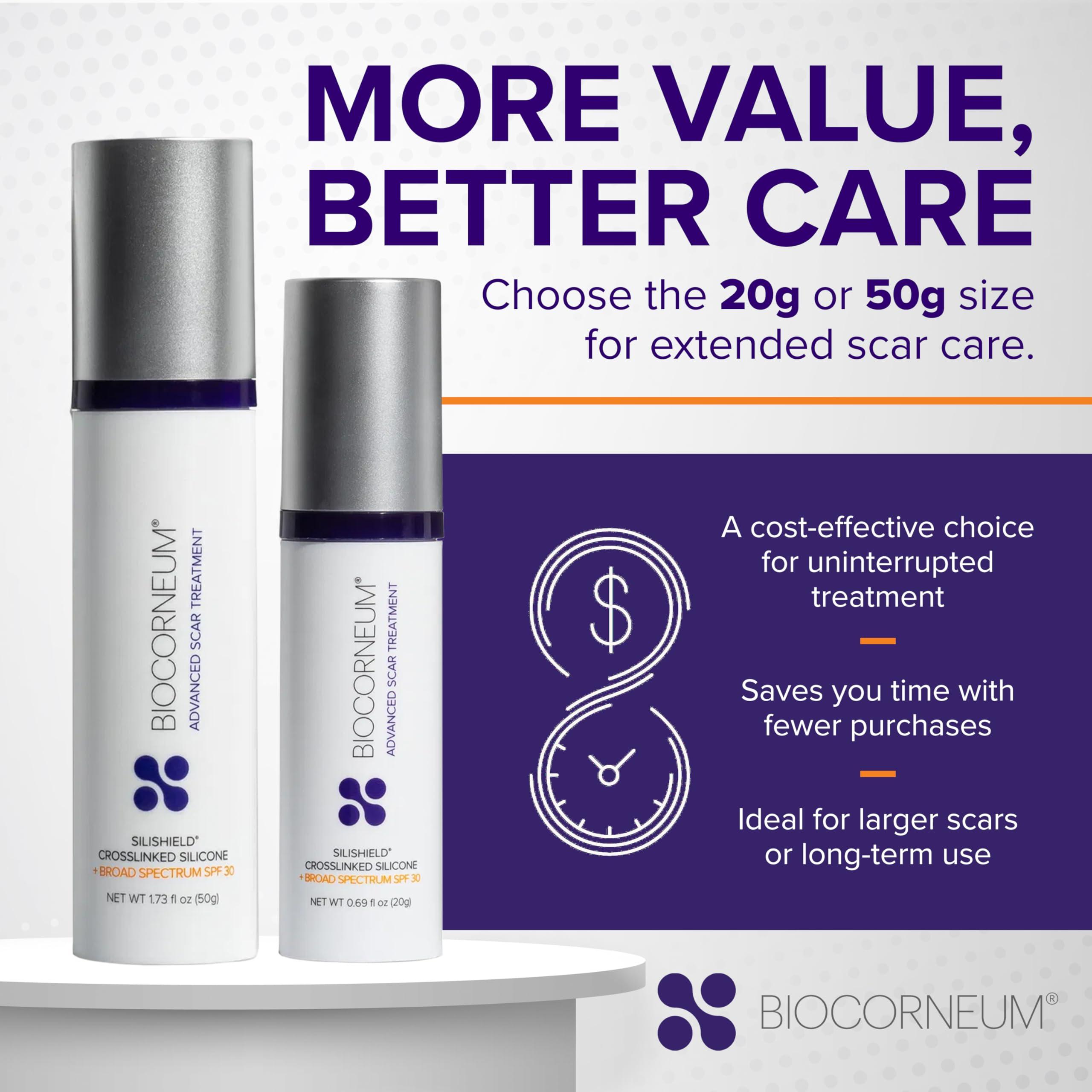 bioCorneum Advanced Scar Treatment with Silishield & SPF 30 20g Made in the USA, Fast-Drying, Water-Resistant Silicone Scar Gel - Surgeon Recommended for New & Old Scars - Suitable for Children Over 6 Months