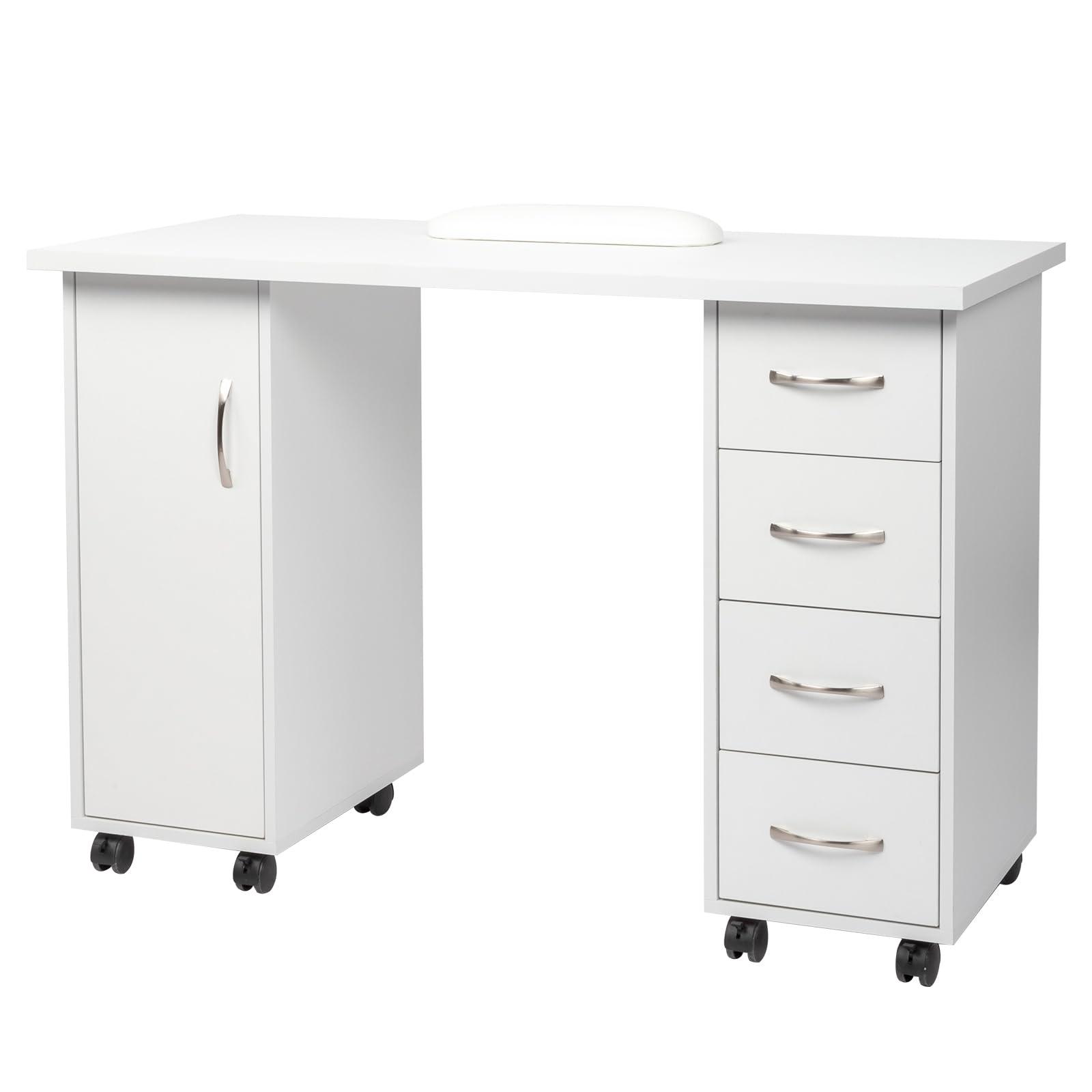 Pinikuyiro Pinikuyiro White Modern Nail Tech Workstation, Spa Salon Beauty Home Wooden Manicure Table with Cabinet, Drawers, Wheels & Arm Rest, 43.3"L x 17.7"W x 31.6"H