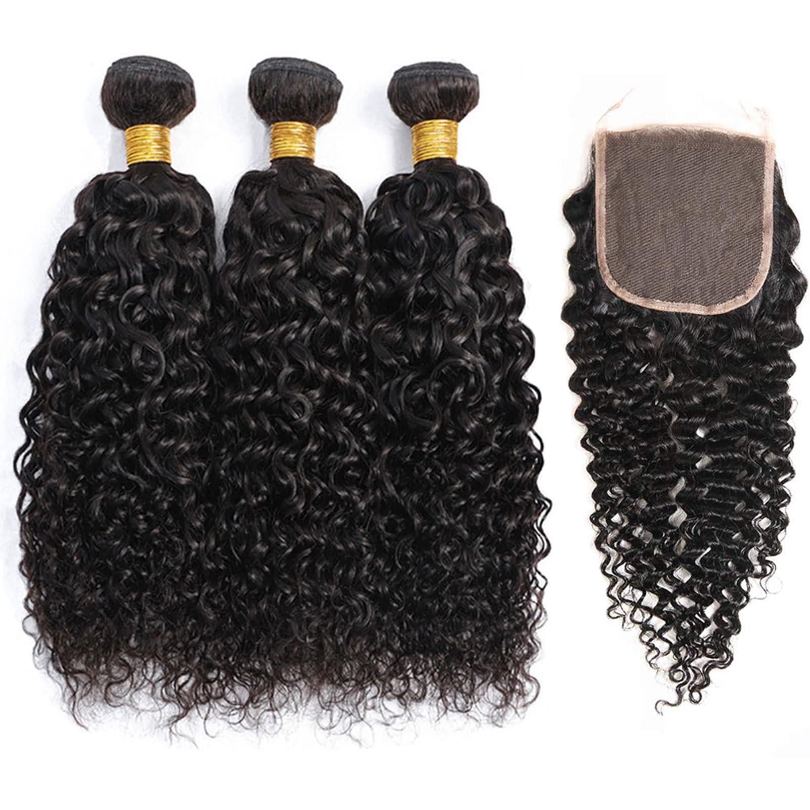 ROYAL IMPRESSION 12A Curly Bundles Human Hair with Closure (24 26 28+22\") Brazilian Curly Hair 3 Bundles with Closure 100% Unprocessed Virgin Kinky Curly Human Hair Weave Bundles with Closure Natural Color