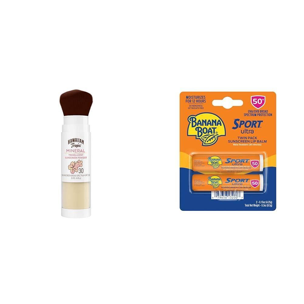 Hawaiian Tropic Hawaiian Tropic Mineral Powder Sunscreen Brush SPF 30 & Banana Boat Sport Ultra Lip Balm SPF 50 Twin Pack