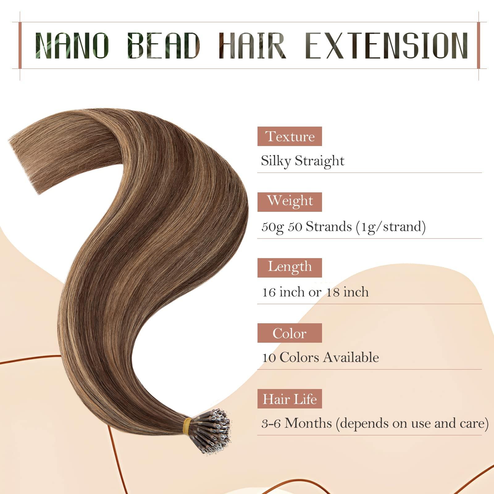 TESSHAIR TESSHAIR 18 Inch Nano Bead Hair Extensions Human Hair, Nano Ring Hair Extension 100% Real Human Hair, Natural Can be Washed Curled Dyed Permed, 50 Strands 50g #4P27 Medium Brown & Dark Blonde