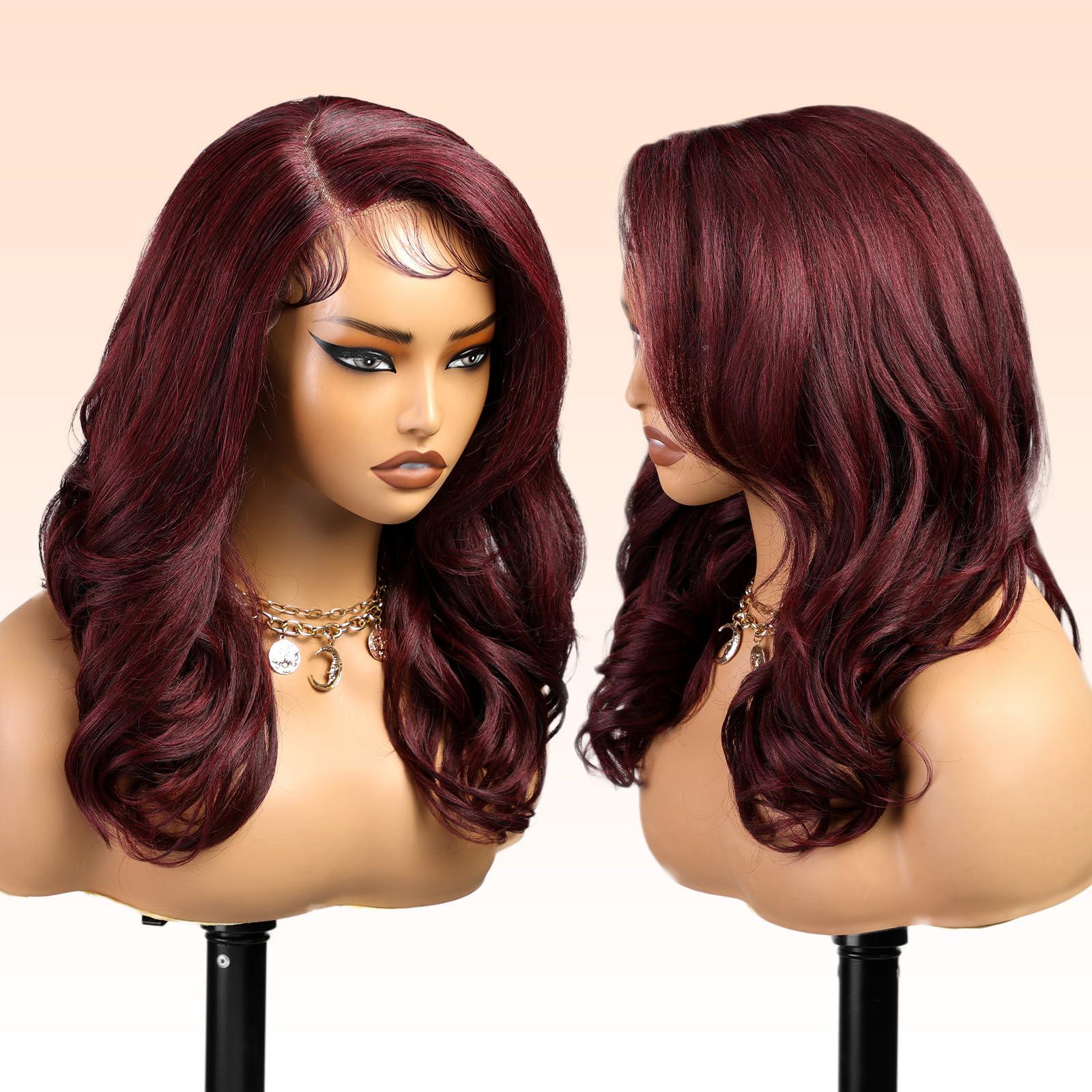 KOME KOME Burgundy Synthetic Lace Front Wig,13X5X1 Shoulder Length Body Wave Pre Plucked Glueless Bob Wigs for Women Daily Use 18IN