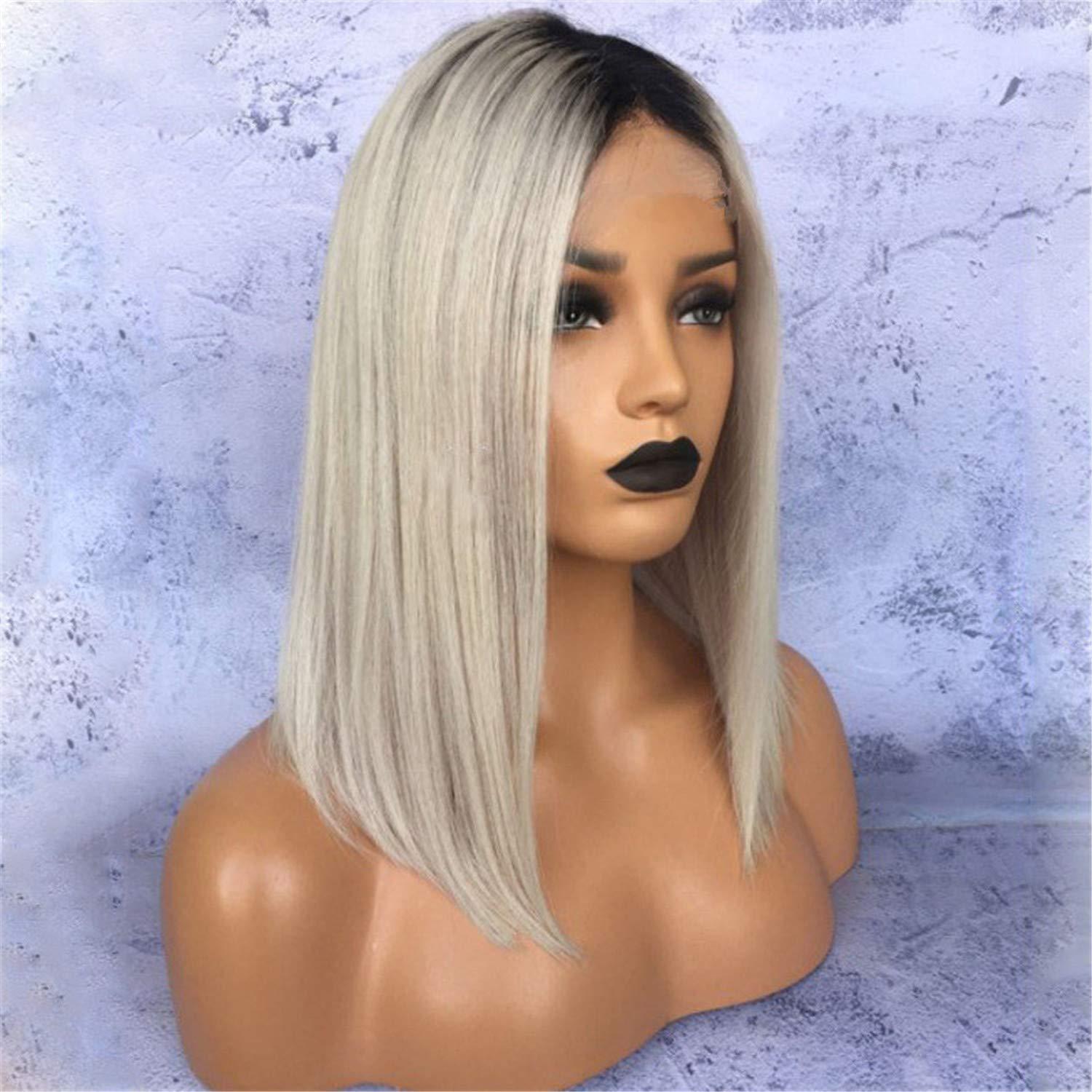 Generic Synthetic Lace Front Straight Wigs Straight Middle Part Bob Silver Grey Wig for Women Heat Resistant Wigs (Silver Gray,One Size)