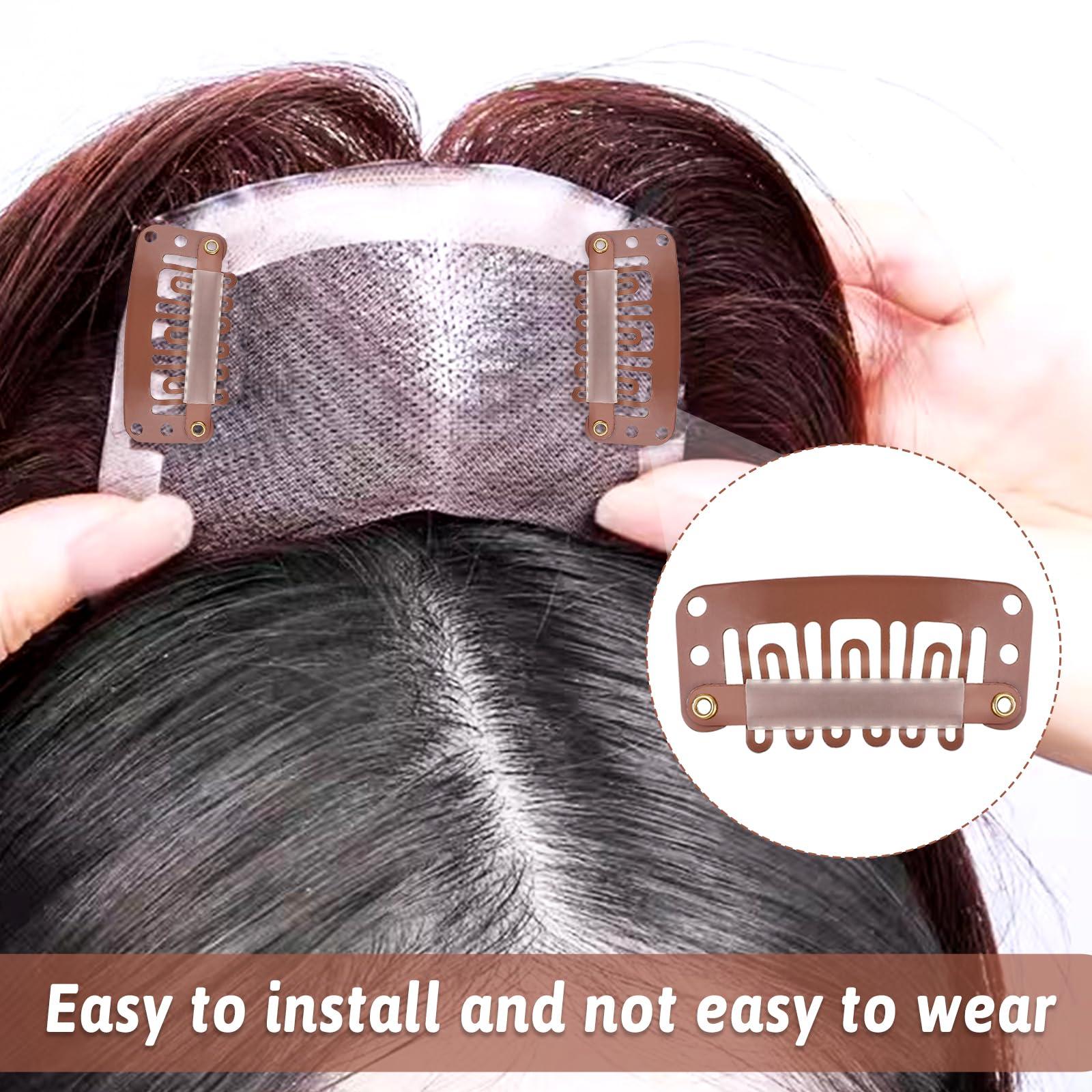 Mozeat Lens 50Pcs Snap Clips for Hair Extensions Wig Clips to Secure Wig No Sew 6 Teeth U Shape Metal Silicon Brown Wigs Hair Extension Clips for Women Hairpiece, Wig Clips Extension Clips to Secure Wig