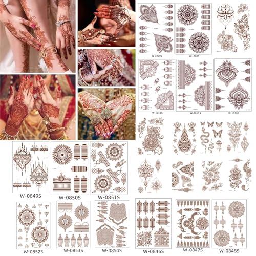 Anomocia 23 Pcs Brown Henna Tattoo Kit Waterproof Temporary Fake Tattoo Stickers for Women Girls DIY on Body Face Arms Legs