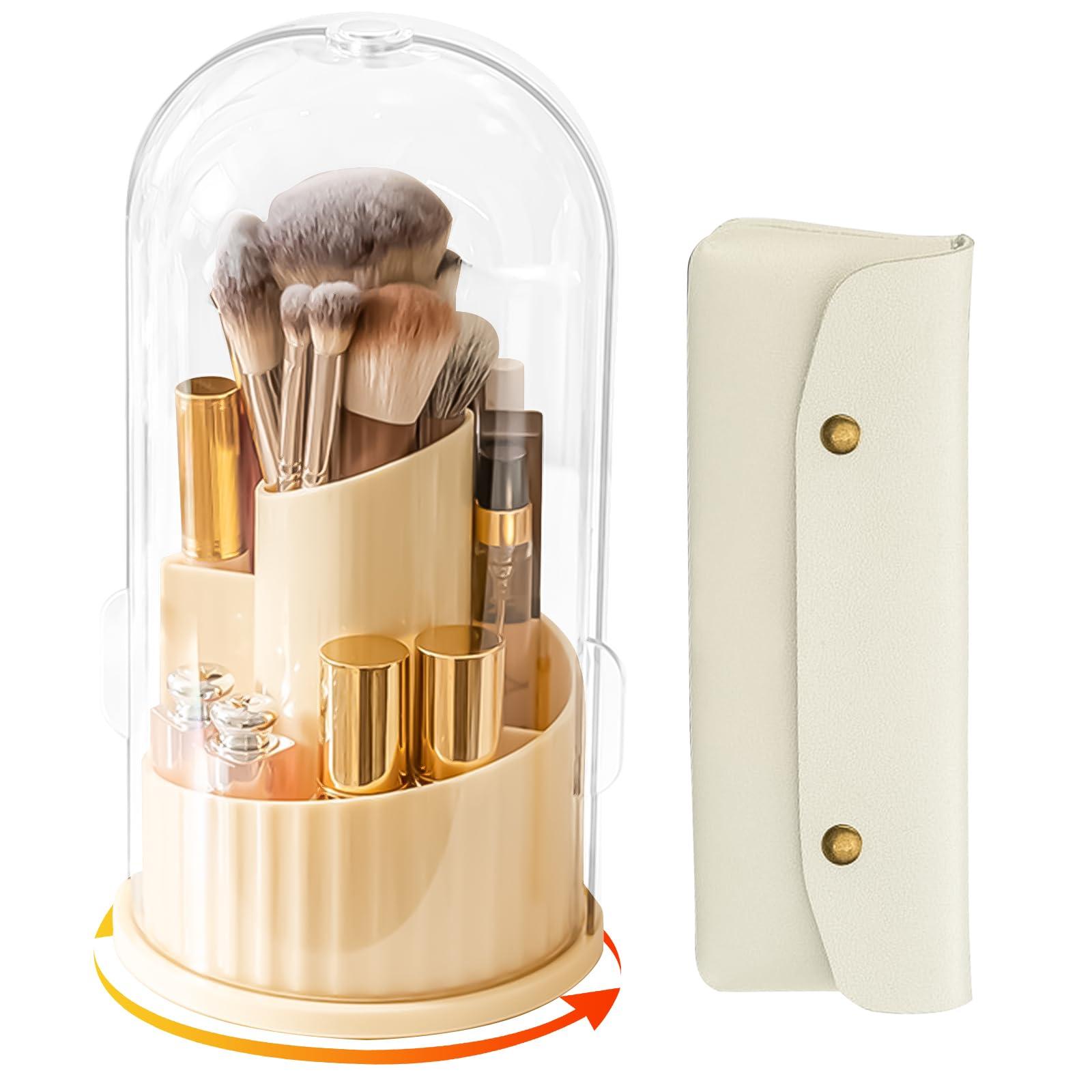 Segutage Makeup Brush Holder with Lid, 360 Rotating Makeup Brush Organizer with Cosmetic Bag Women Dustproof Cosmetics 5 Slots Makeup Brush Storage Cup for Vanity Desktop Bathroom Countertop (Cream White)