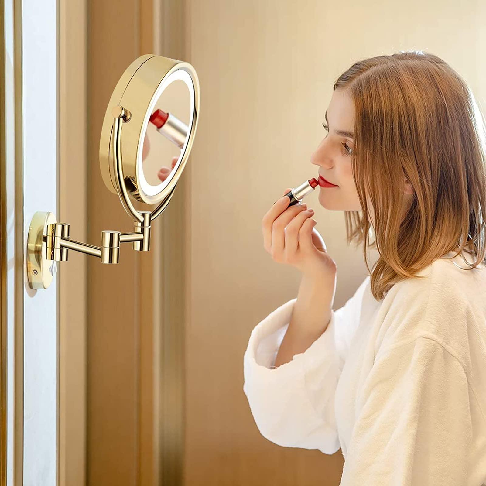 SHAWLA Makeup Mirror, LED Wall Mount Makeup Mirror with 7X Magnification, 8.5inch Double Sided 360 Swivel Vanity Mirror Plug Powered for Bedroom or Bathroom,Green Bronze