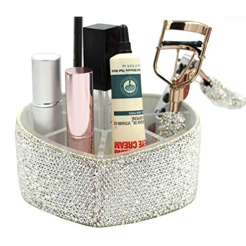 Bestbling Desktop Cosmetic Storage Box 8-hole Heart-Shaped Bling bling Rhinestone Cosmetic Tools storage Box Jewelry Storage Box (Silver)
