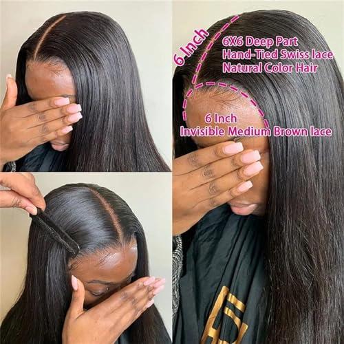 WAOCEO Wigs HD Transparent 6x6 Lace Closure Wig Pre-plucked Straight Peruvian Human Hair Wig 14-40 Inch Remy Hair Straight Lace Closure Wigs for Women for Daily Party (Color : 6X6 closure wig 180 density,