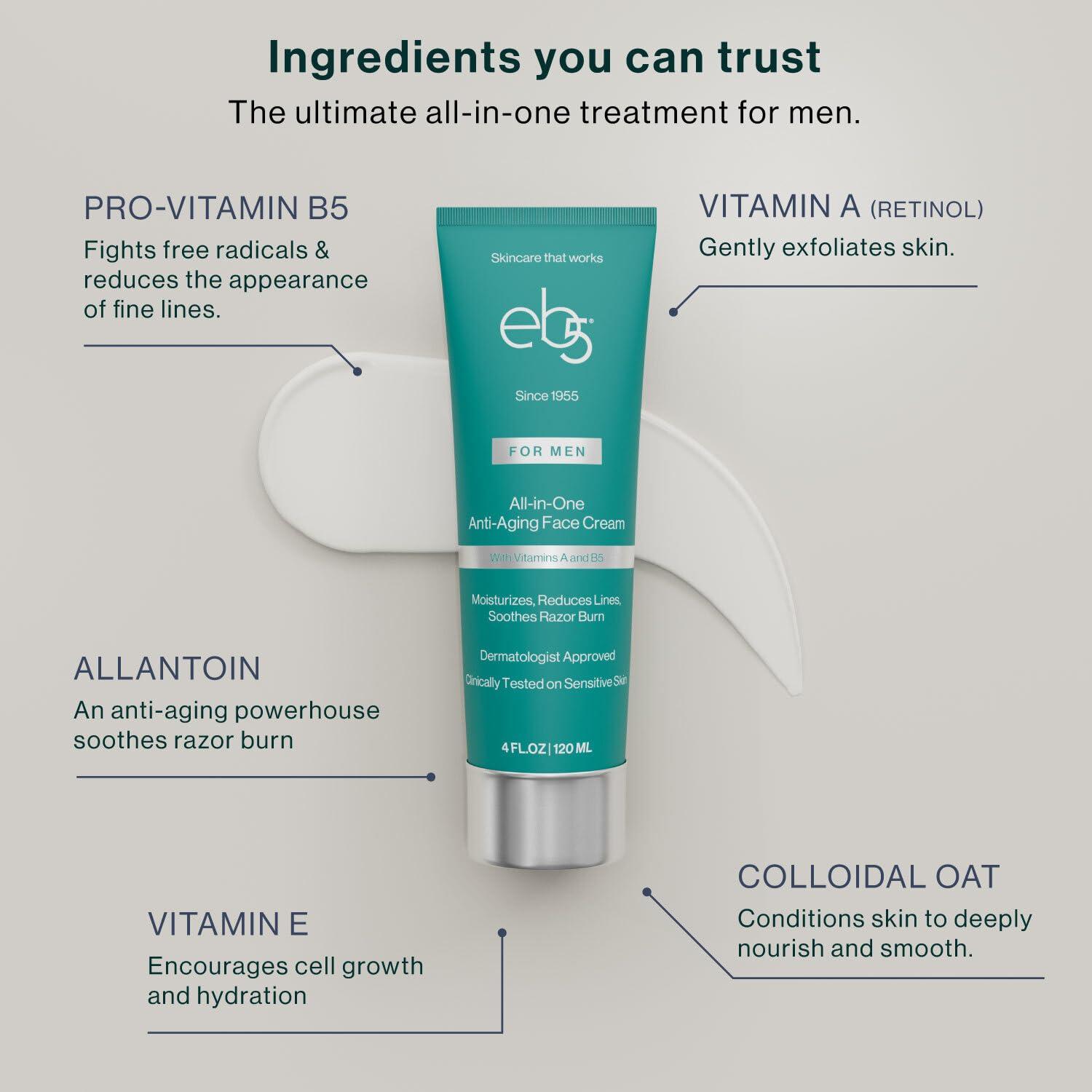 eb5 eb5 Mens All-in-one Anti-Aging Face Cream | Formulated with Retinol, Vitamins E, B5, and A to Moisturize, Reduce Lines and Soothe Razor Burn - 4 Fl Oz