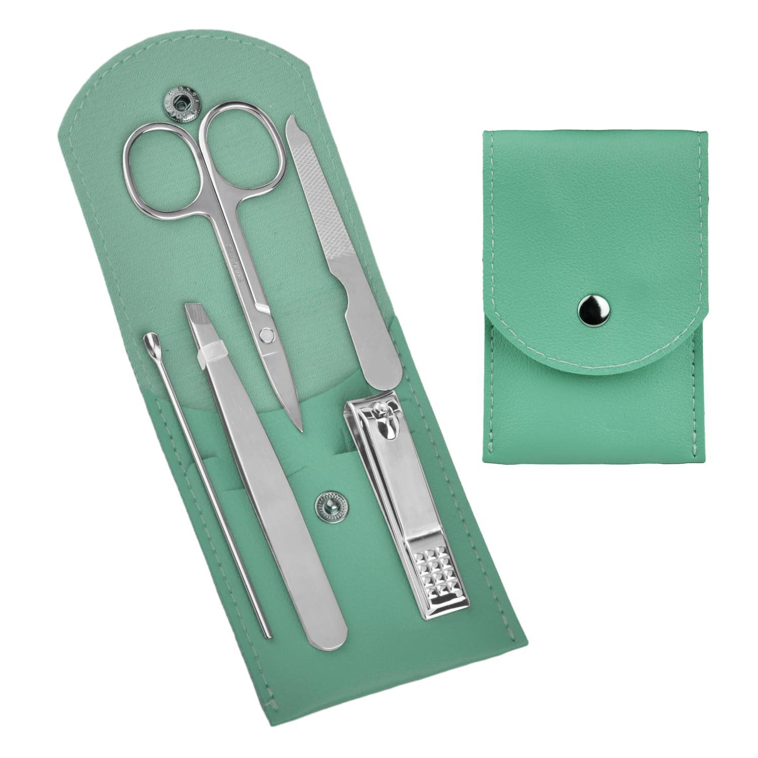 HANTEKAS HANTEKAS Travel Manicure Set Professional Nail Clipper Kit-5 Pieces Stainless Steel Manicure Kit, Women Men Grooming kit With Nail Care Tools Beauty Scissors Tweezers (Silver Green)