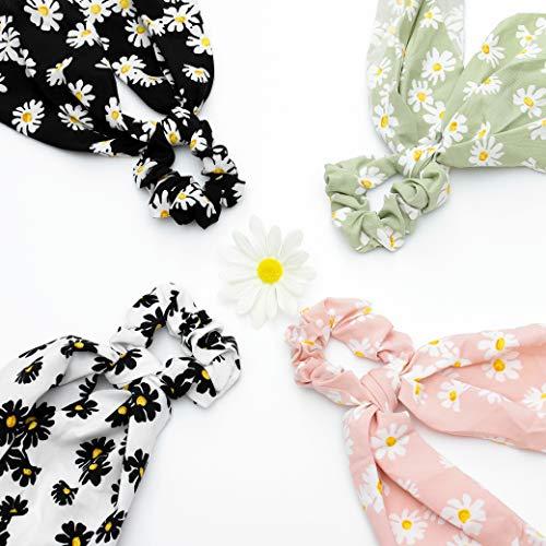 Blufly Blufly Ribbon Hair Scrunchies Printed Flower Boho Long Headband Ponytail Holders Floral Scarf Scrunchy Head Tie for Women and Girls (Pack of 5) (D)