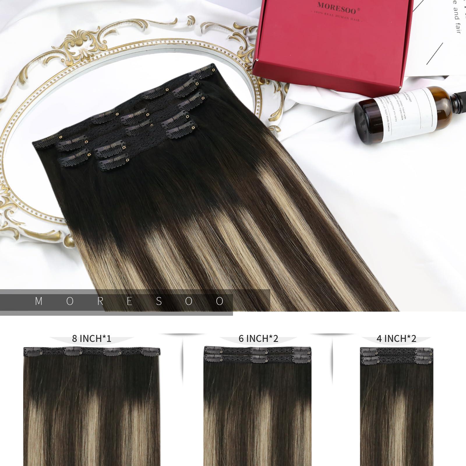 Moresoo Moresoo Clip in Hair Extensions Balayage Black to Dark Brown with Caramel Blonde 5 Pieces 70G 14inch and Sew in Hair Extensions Real Human Hair 100G 16Inch Bundle