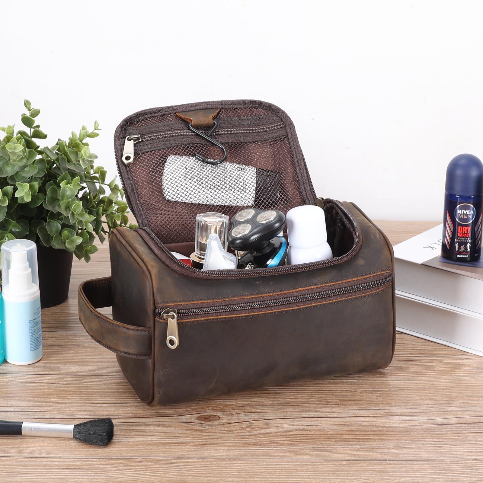 TIDING TIDING Men\'s Leather Hanging Toiletry Bag Portable Travel Dopp Kit Cosmetics Makeup Toiletries Organizer Shaving Kit Wash Bag