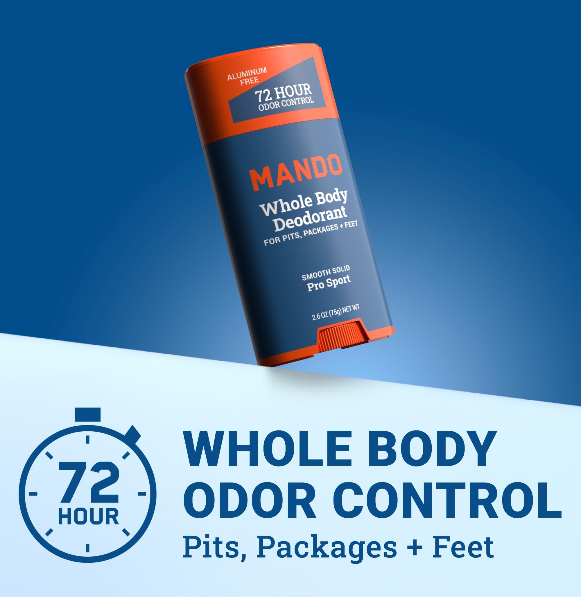 Mando Mando Smooth Solid Stick (2.6 Ounce) + Acidified Body Wash (0.5 Ounce) - Clinically Proven to Block Odor All Day - Whole Body Safe For Pits, Packages + Feet (Pro Sport)