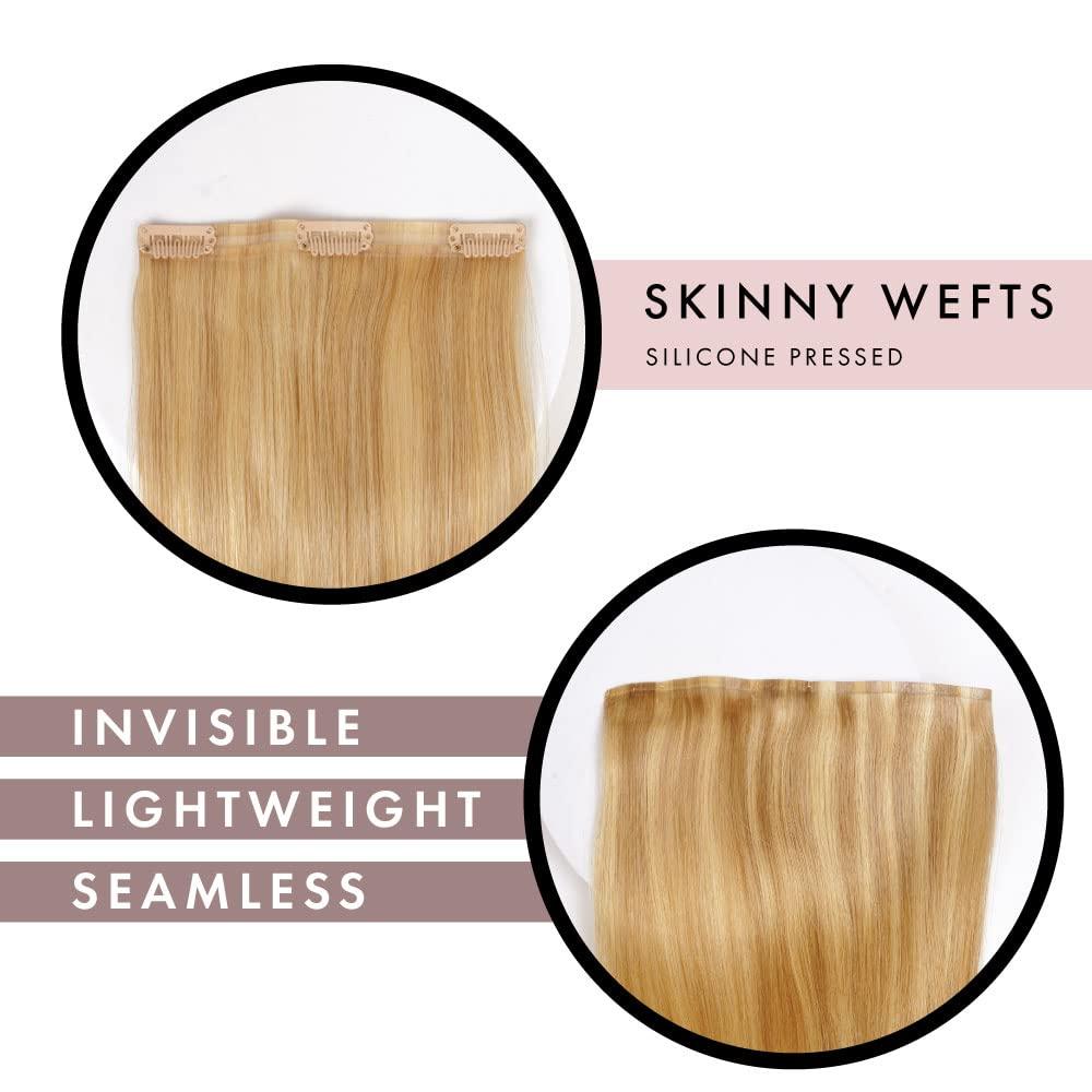everlong Skinny Weft Clip-In Hair Extensions by Everlong, Thin Silicone Pressed Wefts, Premium Remy Human Silky Straight Hair for Length & Volume, 175 grams #124 Honey Pecan 18"