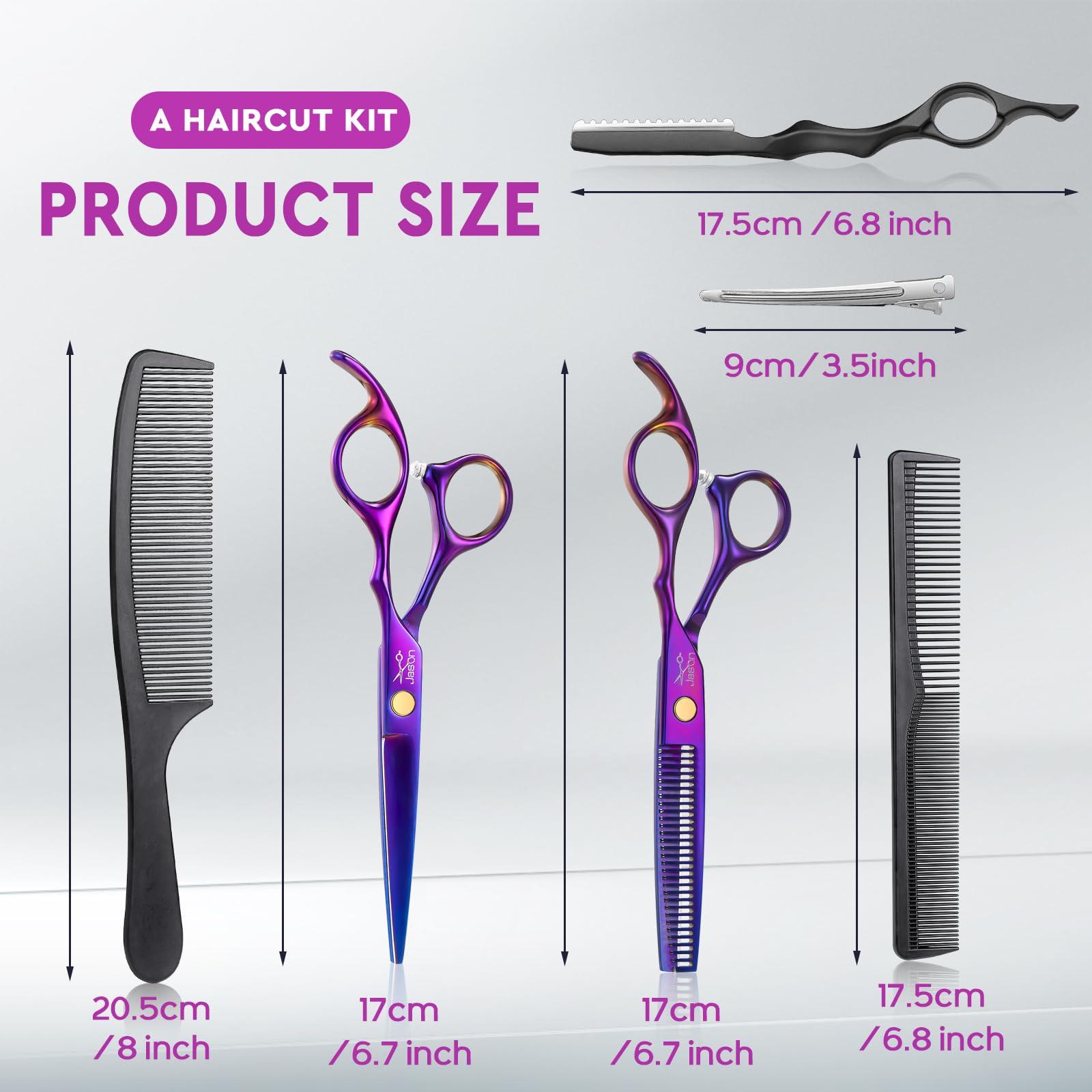 JASON JASON Hair Scissors Professional - 10 PCS Haircut Scissors Set, Thinning Shears for Hair Cutting with 30 Teeth, Straight Shears for Men Women Home Salon Barber (6.7\", Purple)