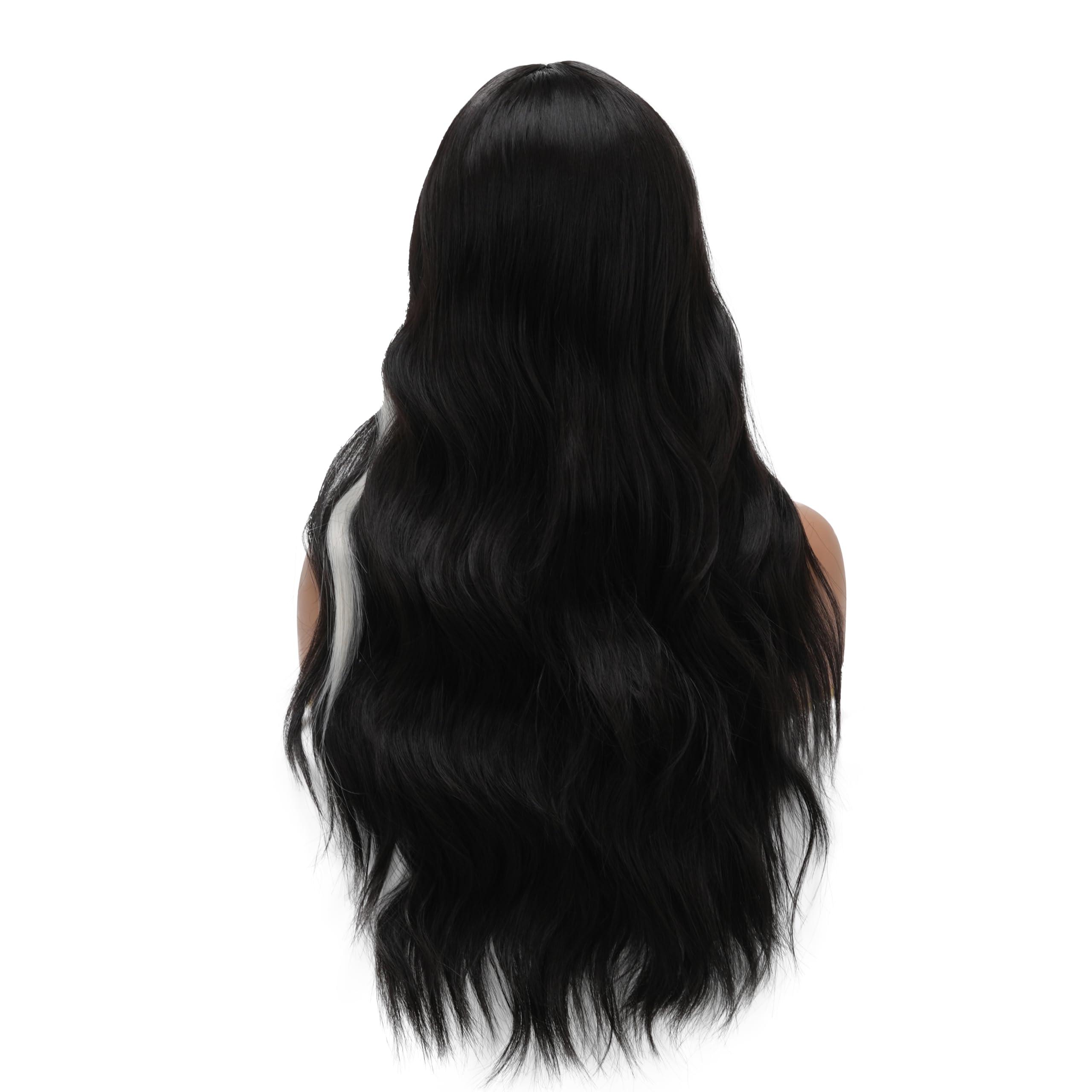 Sabosi Sabosi Long Wavy Black White Wigs for Women 26 Inch Middle Part Curly Wavy Wig Natural Looking Synthetic Heat Resistant Fiber Wig for Daily Party Use
