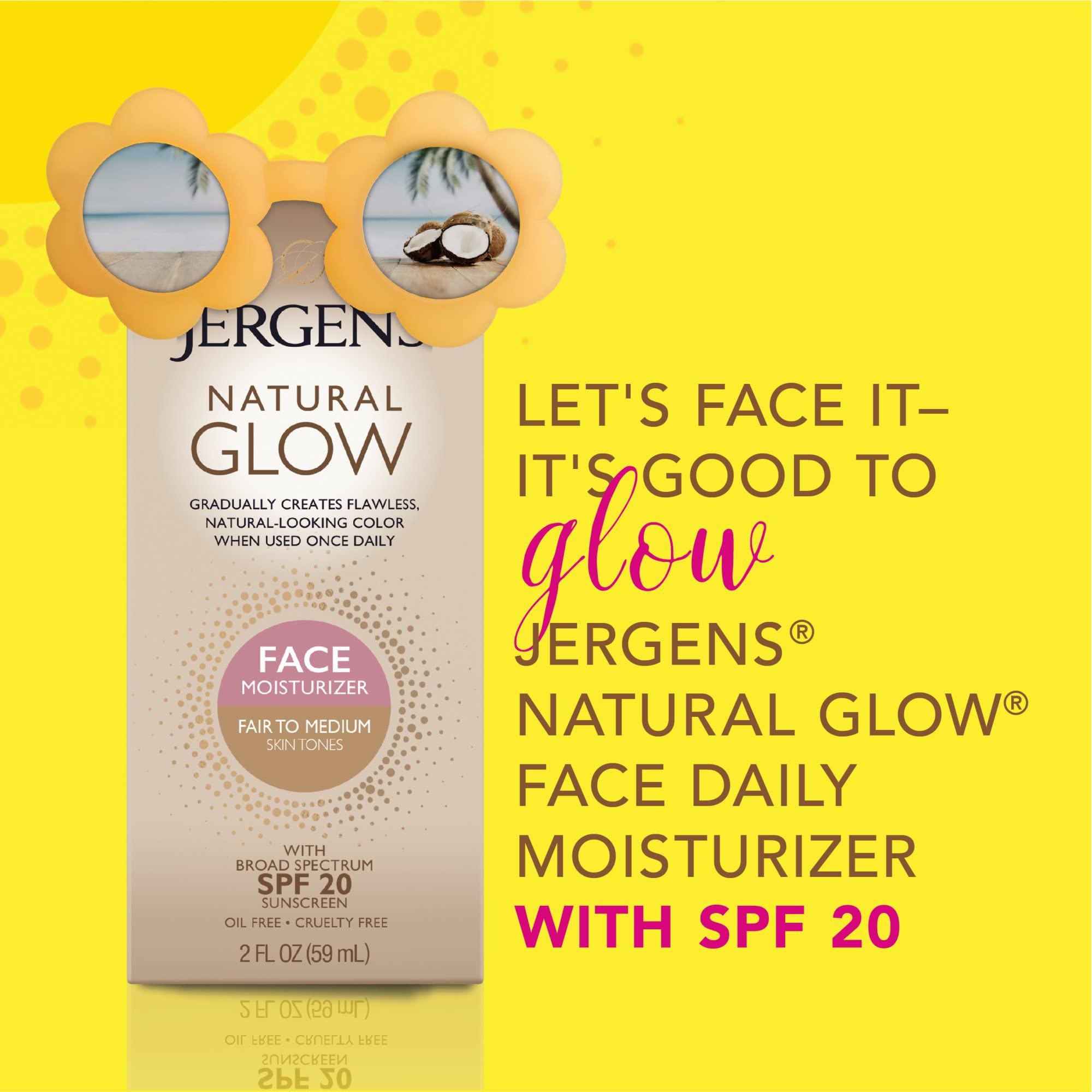 Jergens Jergens Natural Glow Face Self Tanner Lotion, SPF 20 Sunless Tanning, Fair to Medium Skin Tone, Daily Facial Sunscreen, Oil Free, Broad Spectrum Protection, 2 oz, Pack of 2 (Packaging May Vary)