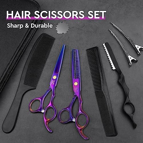 JASON JASON Hair Scissors Professional - 10 PCS Haircut Scissors Set, Thinning Shears for Hair Cutting with 30 Teeth, Straight Shears for Men Women Home Salon Barber (6.7\", Purple)
