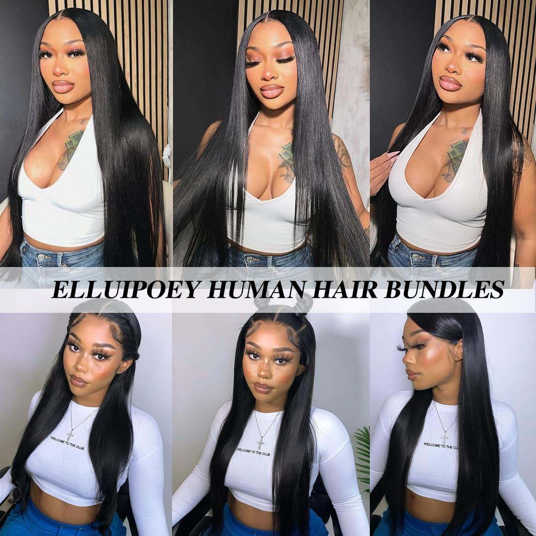 Elluipoey Straight Bundles Human Hair 3 Bundles Double Weft 12A Brazilian Weave Straight Hair Bundles 10 12 14 Inch