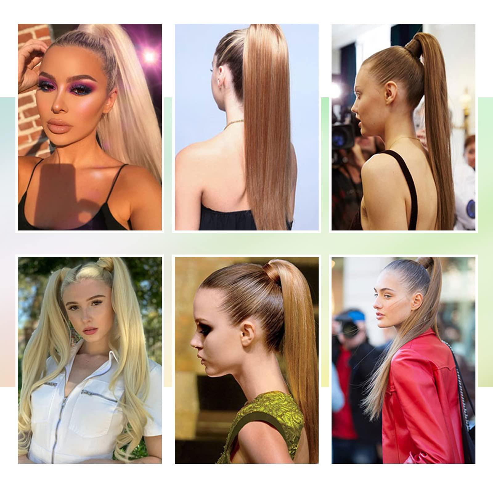 Vivien Vivien Ponytail Extension Human Hair Wrap Around Ponytail Extension Ash Blonde Highlight Golden Blonde Pony Tails Hair Extensions Clip in Ponytail Hair Extensions for Women 80G 18inch