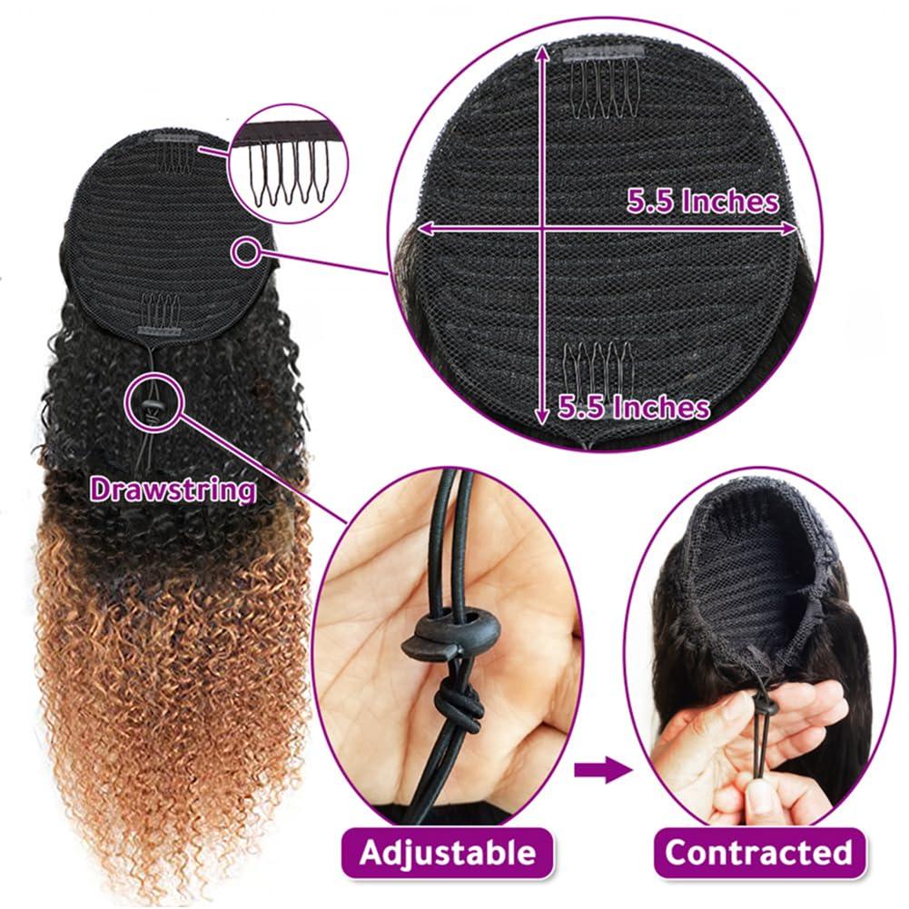 Kiss darling LASHES Two Tone 1b/30 Afro KInkys Curly Drawstring Ponytail Human Hair Extensions for Women 8inch 110g 4C Curly Clip On Ponytails Extension For Women Black to Light Auburn