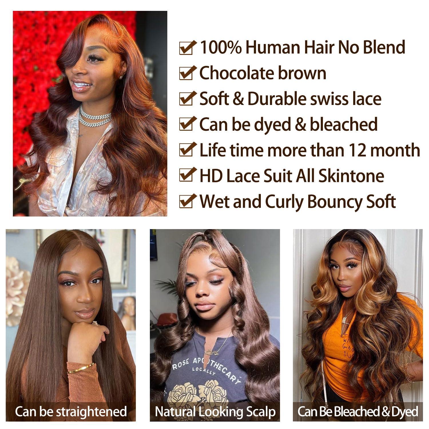 Taiill Brown Wig Human Hair 13x4 Lace Lace Fronts Wig Human Hair 26 Inch Body Wave Chocolate Brown for Women HD Lace Frontal Wigs Human Hair Pre Plucked#4 colored Glueless Wigs 180 Density Thick and Smooth