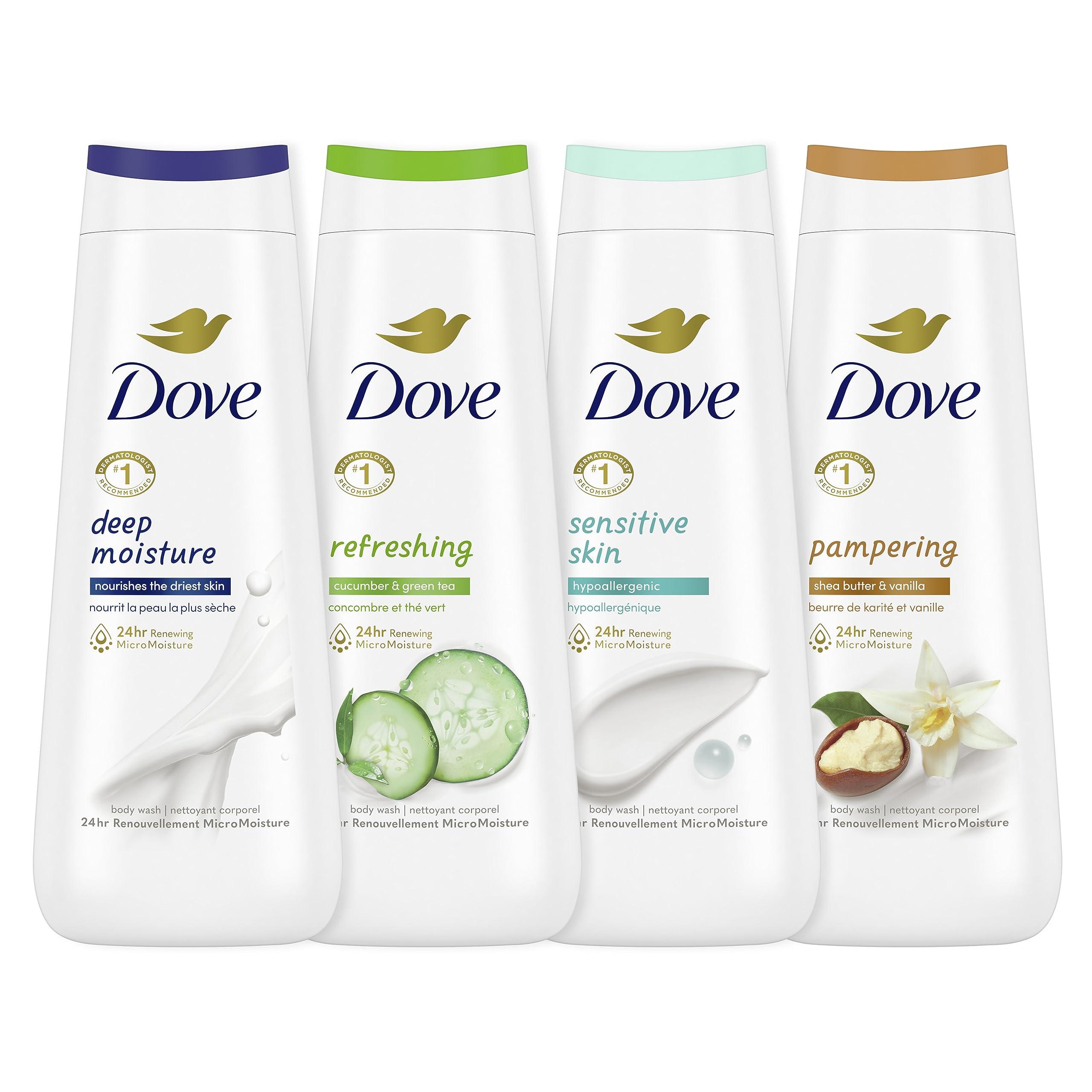 Dove Dove Body Wash Deep Moisture, Sensitive Skin, Cucumber and Green Tea, and Shea Butter & Vanilla 4 Count Collection with Deep Moisture 4 Count For Dry Skin 20 oz