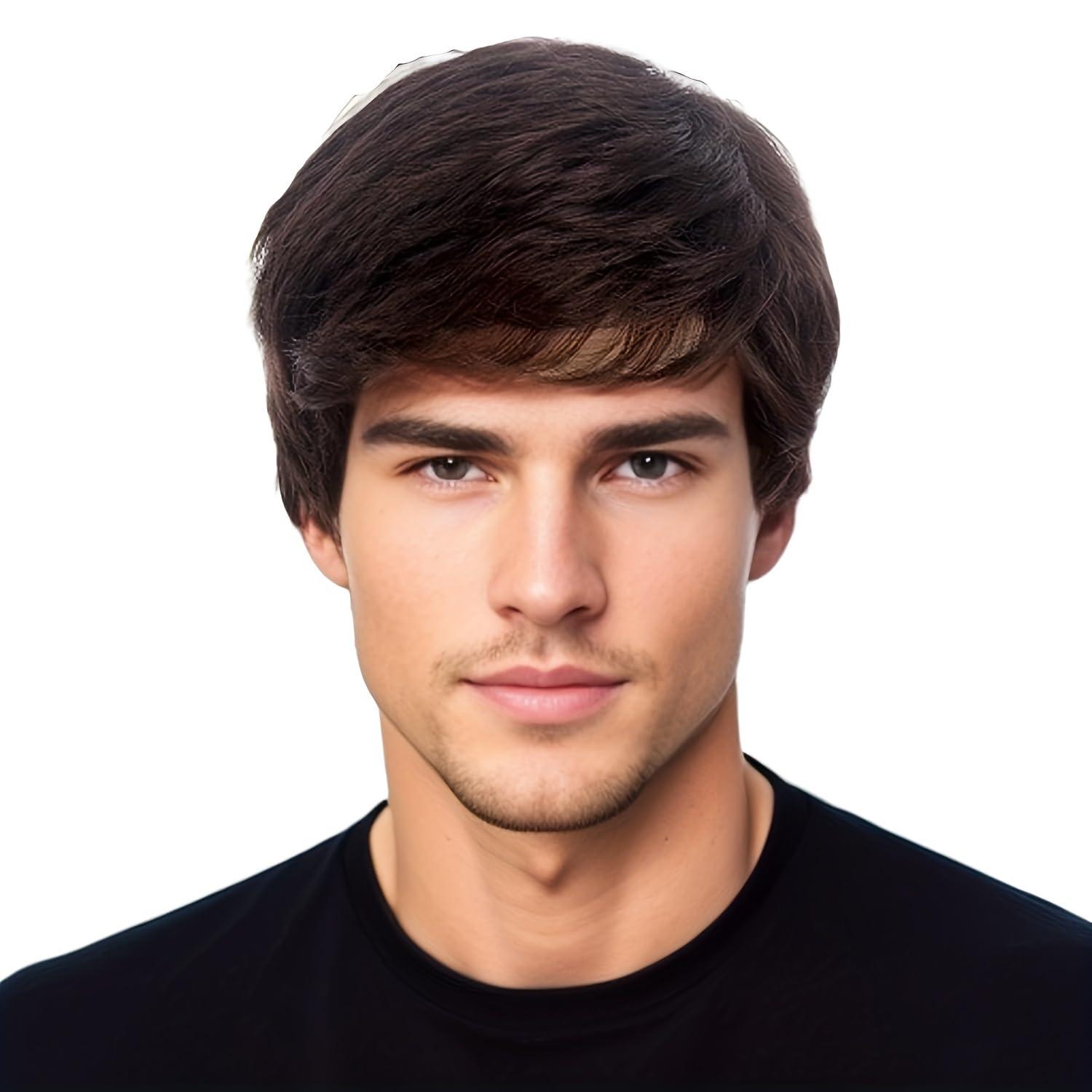 R REEWES FASHION HAIR REEWES Mens Dark Brown Wig Short Men Wig Curly Men's Wig with Side Swept Bangs Natural Synthetic Full Wig for MaleDaily Party Costume Cosplay Wear