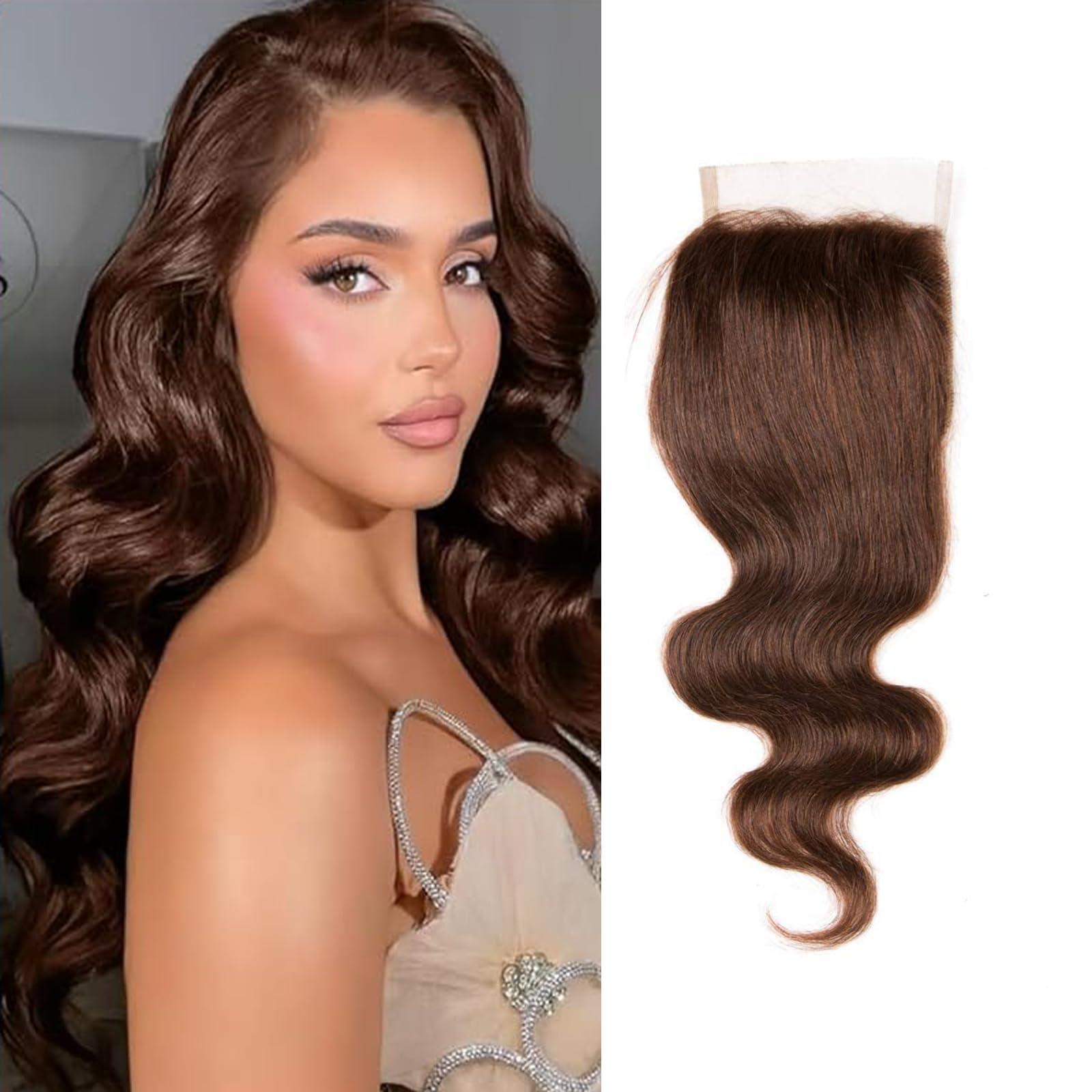 KAFEIER Chocolate Brown 4# Closure 4x4 Free Part Body Wave Closure Brazilian Human Hair Extensions Preplucked Bleached Knots Sew In Weave Virgin Hair Lace Front Closure For Women Wet And Wavy 20 Inch