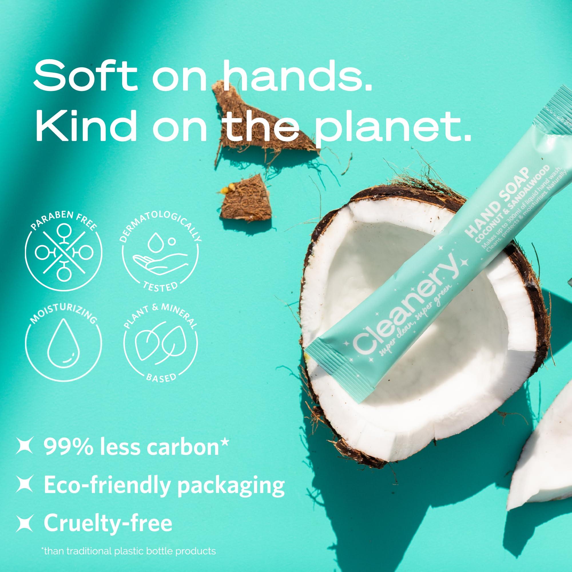 Cleanery Hydrating Liquid Hand Soap Refill Powder Concentrate 4 Pack Moisturizing Hand Wash, No Harsh Chemicals, Cruelty Free, Eco-Friendly, Makes 10oz Each, Coconut & Sandalwood Scent