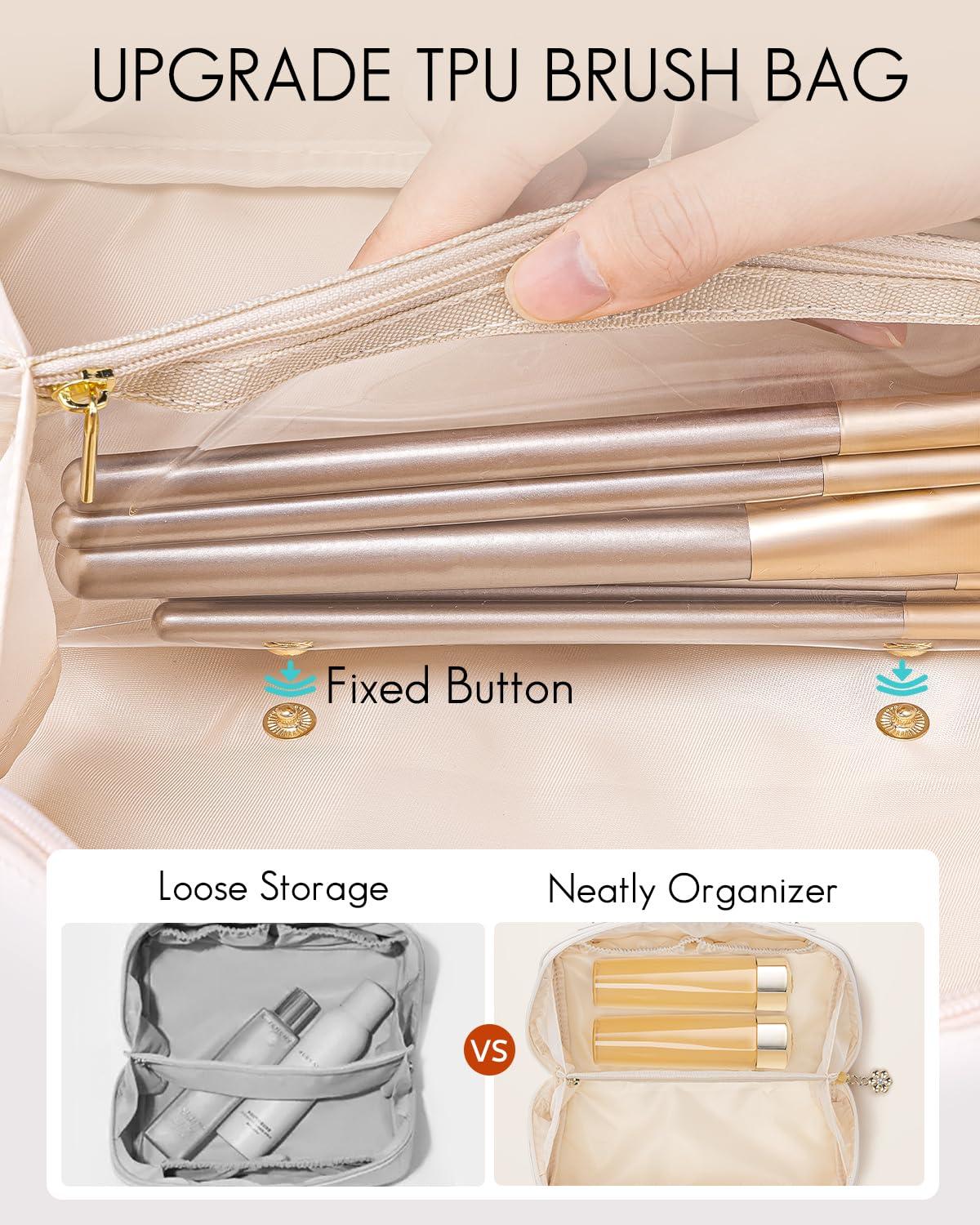 Vlando Vlando Makeup Bag,Travel Makeup Bag Waterproof Portable Cosmetic Bag PU Leather Open Flat Make up Organizer for Toiletries,Christmas Gifts Birthday Gifts for Women Girls Travelers(Sand Pink)