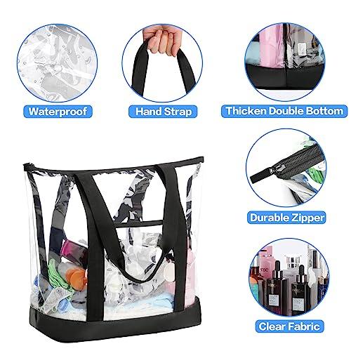 HAOGUAGUA HAOGUAGUA Extra Large Clear Cosmetic Toiletry Bag, Large Clear Makeup Bag, Waterproof Transparent Plastic PVC Tote Shoulder Bag with Handles (BLACK)