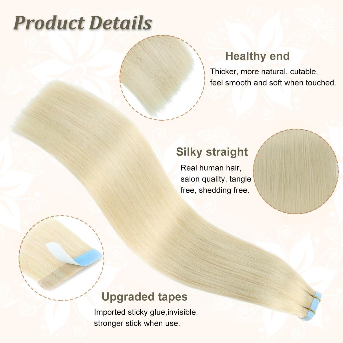 LAKASTATR 14 Inch Tape In Hair Extensions Real Human Hair #60 Platinum Blonde Tape ins Hair Extensions Seamless Skin Weft Human Hair Extensions Invisible Tape in Extensions (40g 20pcs/pack)