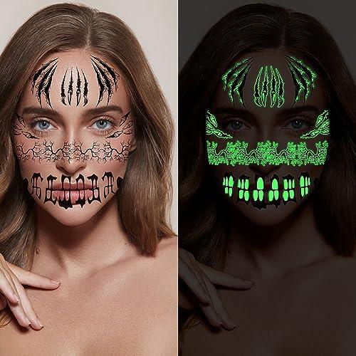 Doneace 10 Sheets Halloween Glow In The Dark Tattoos Face Luminous Temporary Tattoo Waterproof Last Long Glitter Tattoos Stickers Scary Zombie Makeup Kit For Kids Women Girls Boys Adults Party Supplies