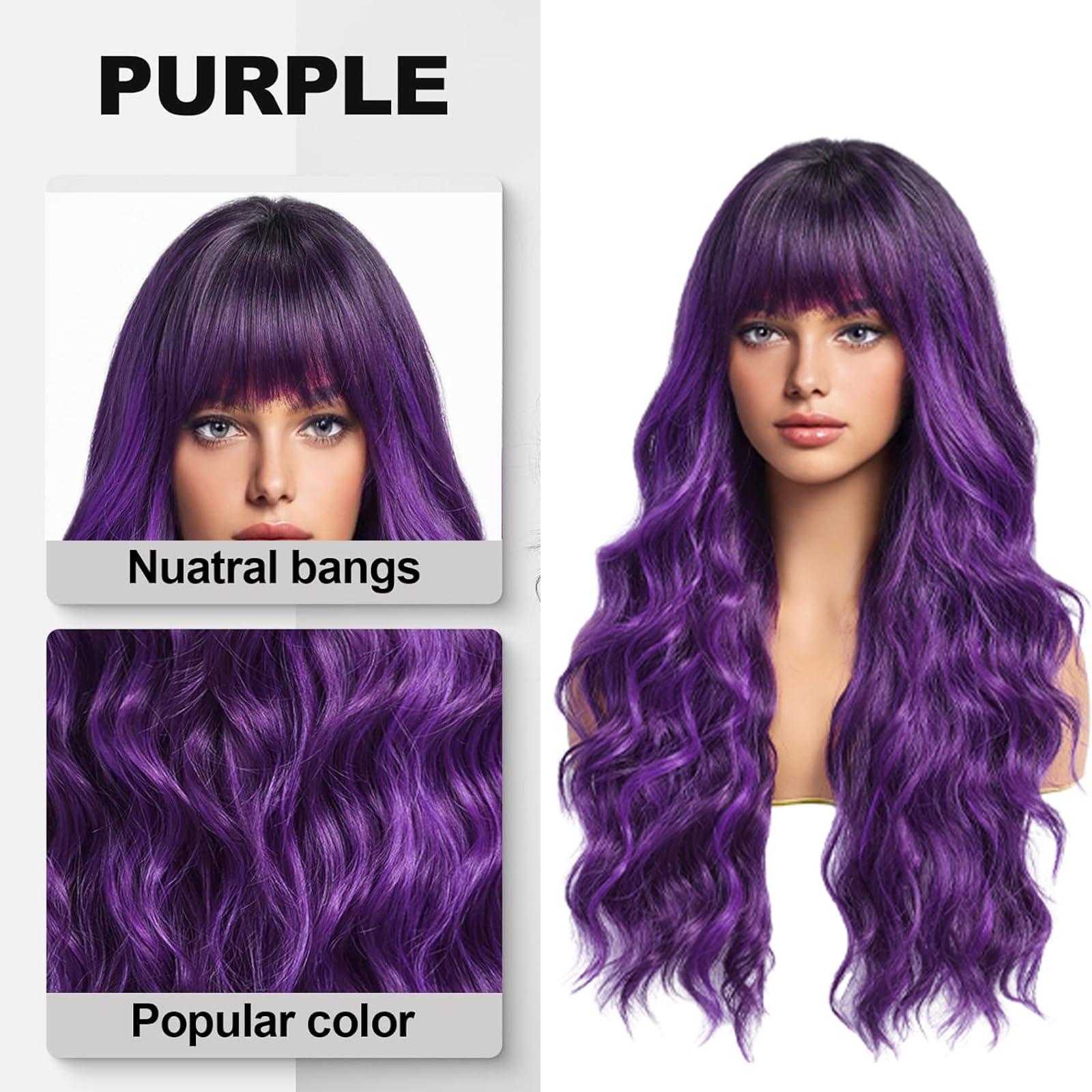 Petelf Long Purple Wigs for Women Ombre Dark Purple Wig with Bangs Dark Roots Wet and Wavy Wig Heat Resistant Glueless Synthetic Hair Replacement Cosplay Wig (Purple)