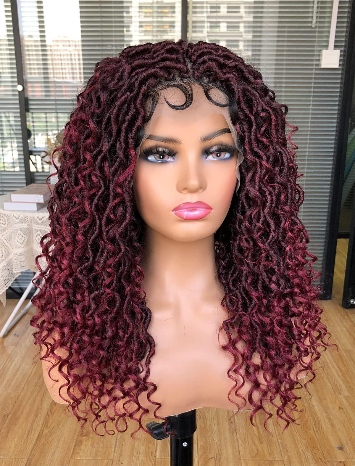 MURAMURA HAIR MURAMURA HAIR Goddess Faux Locs Wigs for Black Women 18Inch Full Lace Curly Synthetic Wigs with Baby Hair Bohemia Locs Twist Crochet Curls Braid Braided Wig(Ombre Red