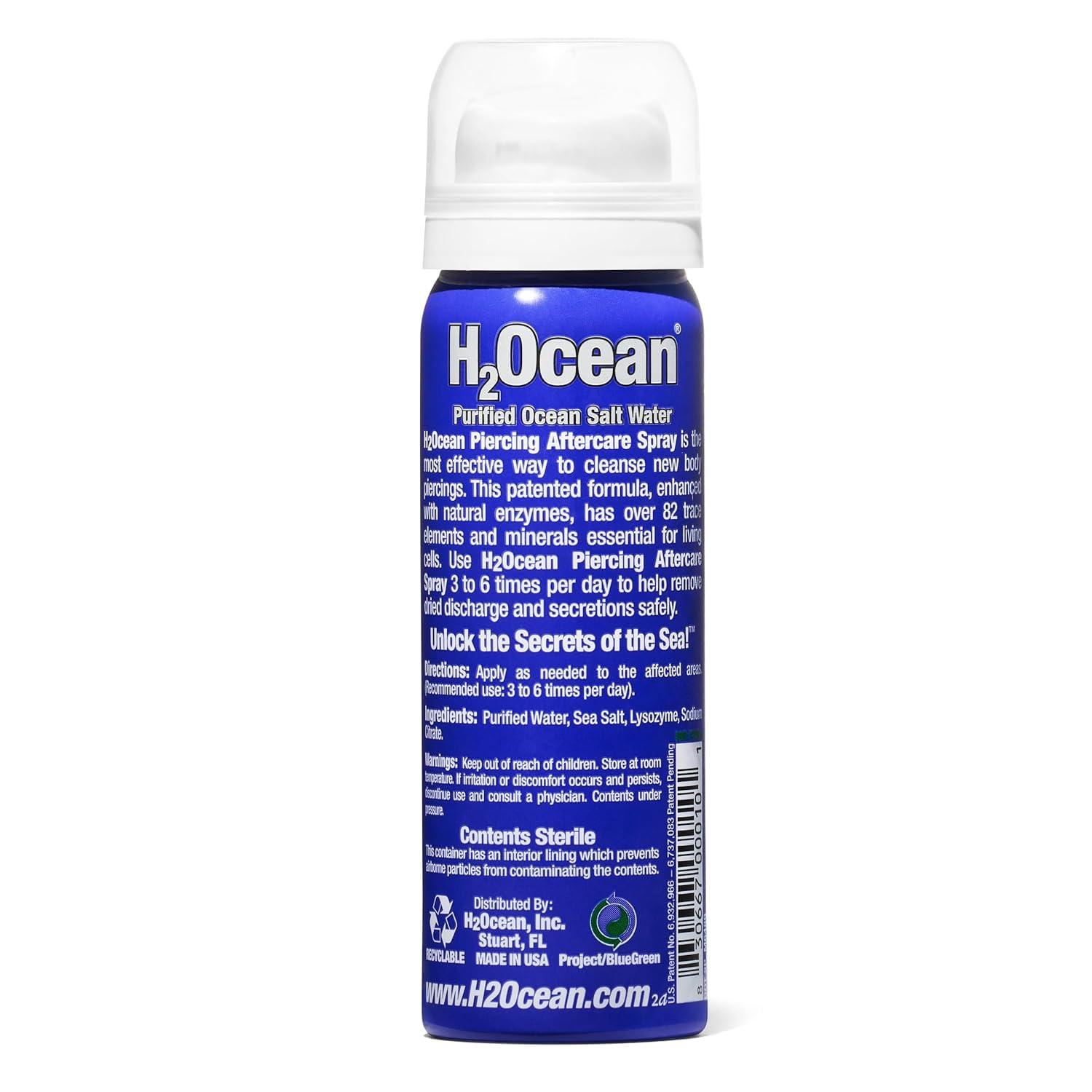 H2Ocean H2Ocean Piercing Aftercare Spray, Sea Salt Keloid & Bump Treatment, Wound Care Spray Organic Wound Wash For Ear, Nose, Naval, Oral Body Piercings - 1.5 oz (Pack of 2)