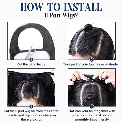 Full Shine Full Shine U Part Human Hair Wigs Half Wig With Clip Ins Middle Part Remy Hair U Part Wigs Ombre Balayage Brown with Blonde Human Hair Wigs 150Grams 20Inch