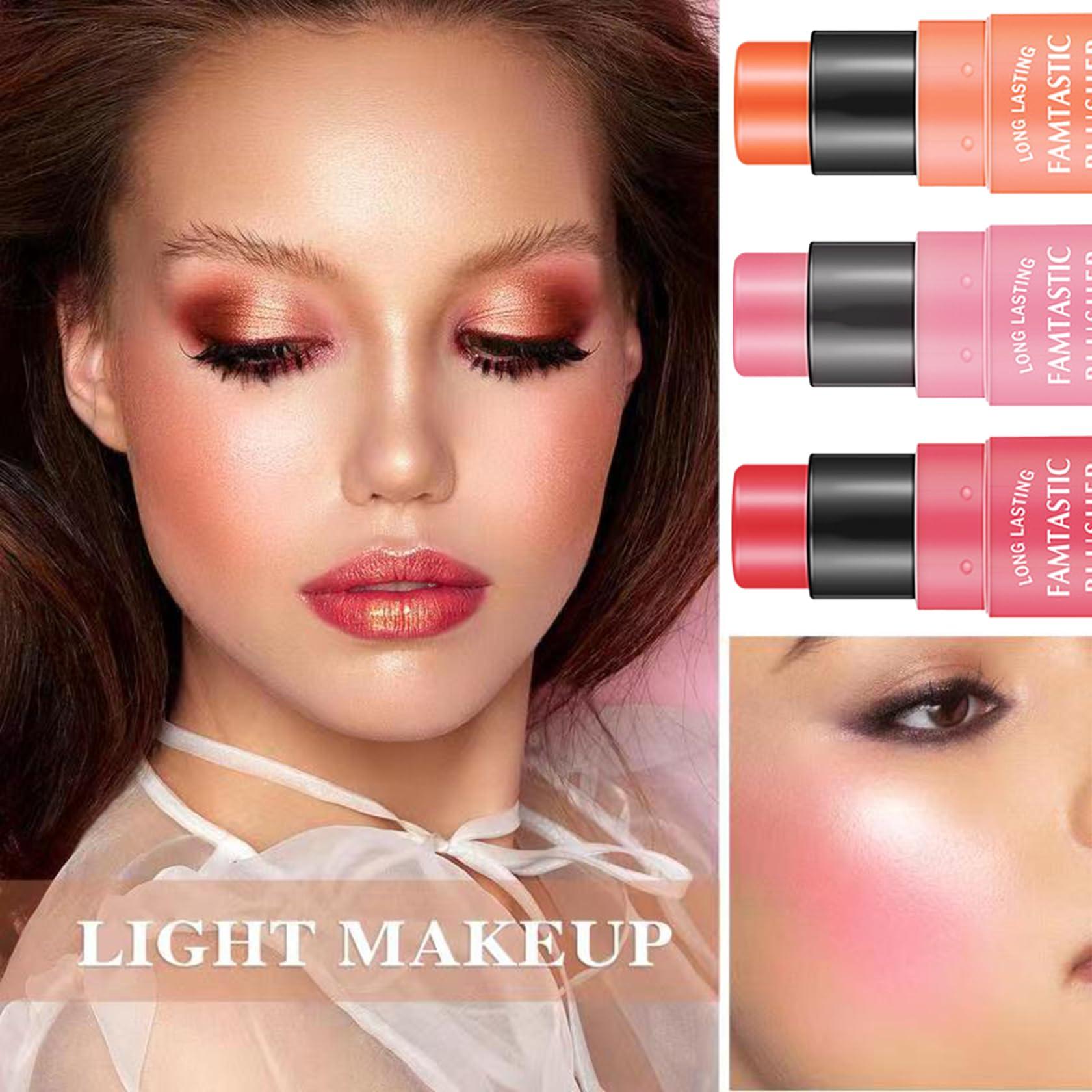 LZYLLS 3 Pcs Cream Blush Stick with Brush,Waterproof Multi Cream Blush Stick Makeup,Lightweight,2 in 1 Multi Stick Blush for Cheeks & Lip Tint & Eyeshadow Makeup,Suitable for All Skin