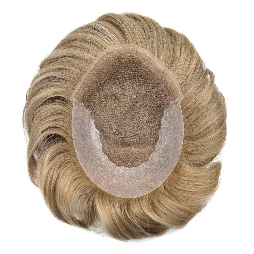 FANCYHAIR French Lace Hair System for Men 100% Human Hair Replacement Mens Toupee Bleached Knots Hair Units for Man Lace with PU Men Wigs #20 light ash blonde