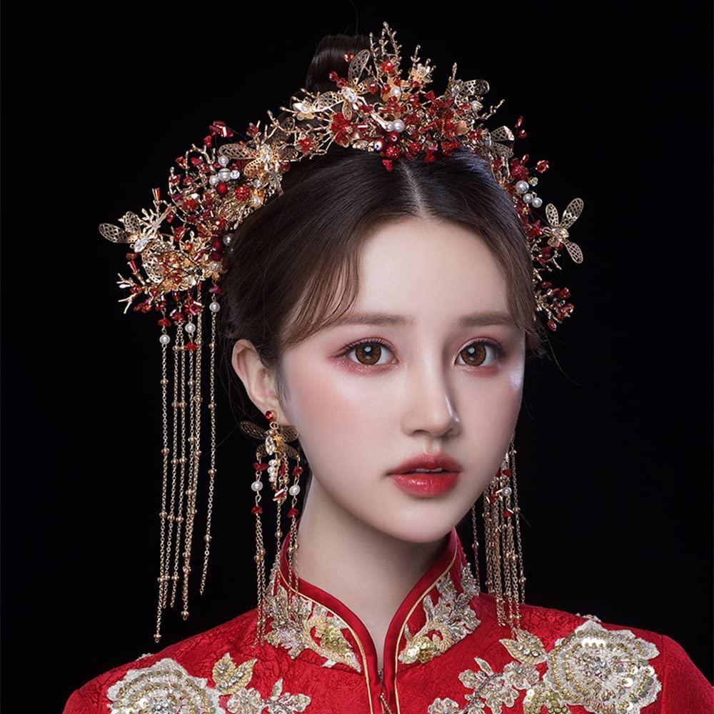Getrelax Getrelax Chinese Wedding Bride Hair Accessory Chinese Crown Wedding Hair Accessories Red Flower Floral Beaded Flapper Headband Jeweled Bridal Wedding Tiara