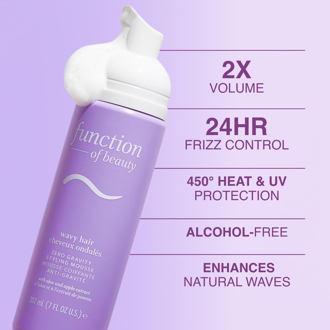 FUNCTION OF BEAUTY FUNCTION OF BEAUTY Zero Gravity Styling Mousse, 7 oz Each (2-Pack) - Adds Volume, Defines Natural Waves While Providing a Flexible Hold Without Feeling Stiff or Crunchy