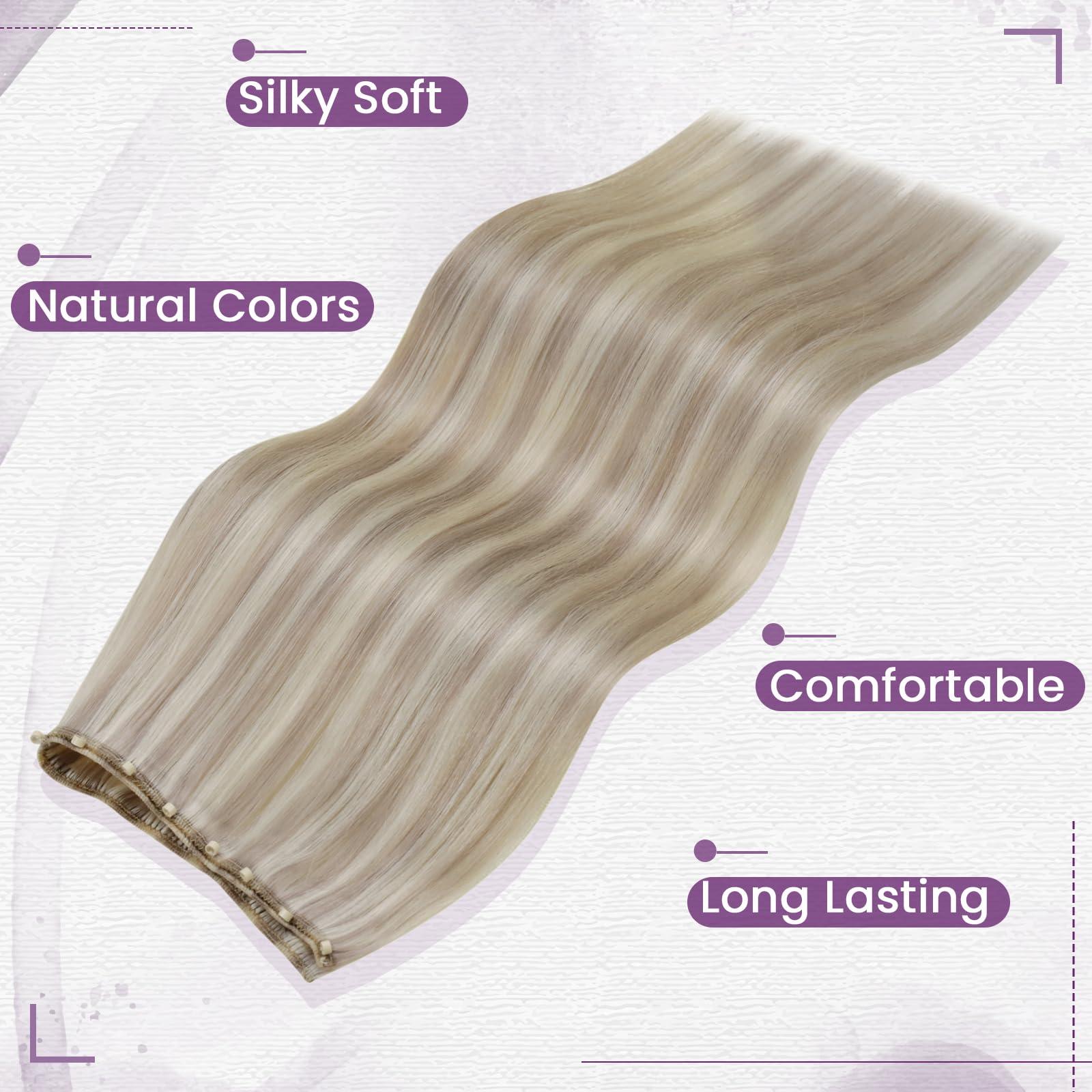 LAAVOO LaaVoo Beaded Weft Hair Extensions Ash Blonde Bead Hair Extensions Real Human Hair Weft Hair Extensions Bleach Blonde with Ash Blonde with Micro Beaded 22inch 50g