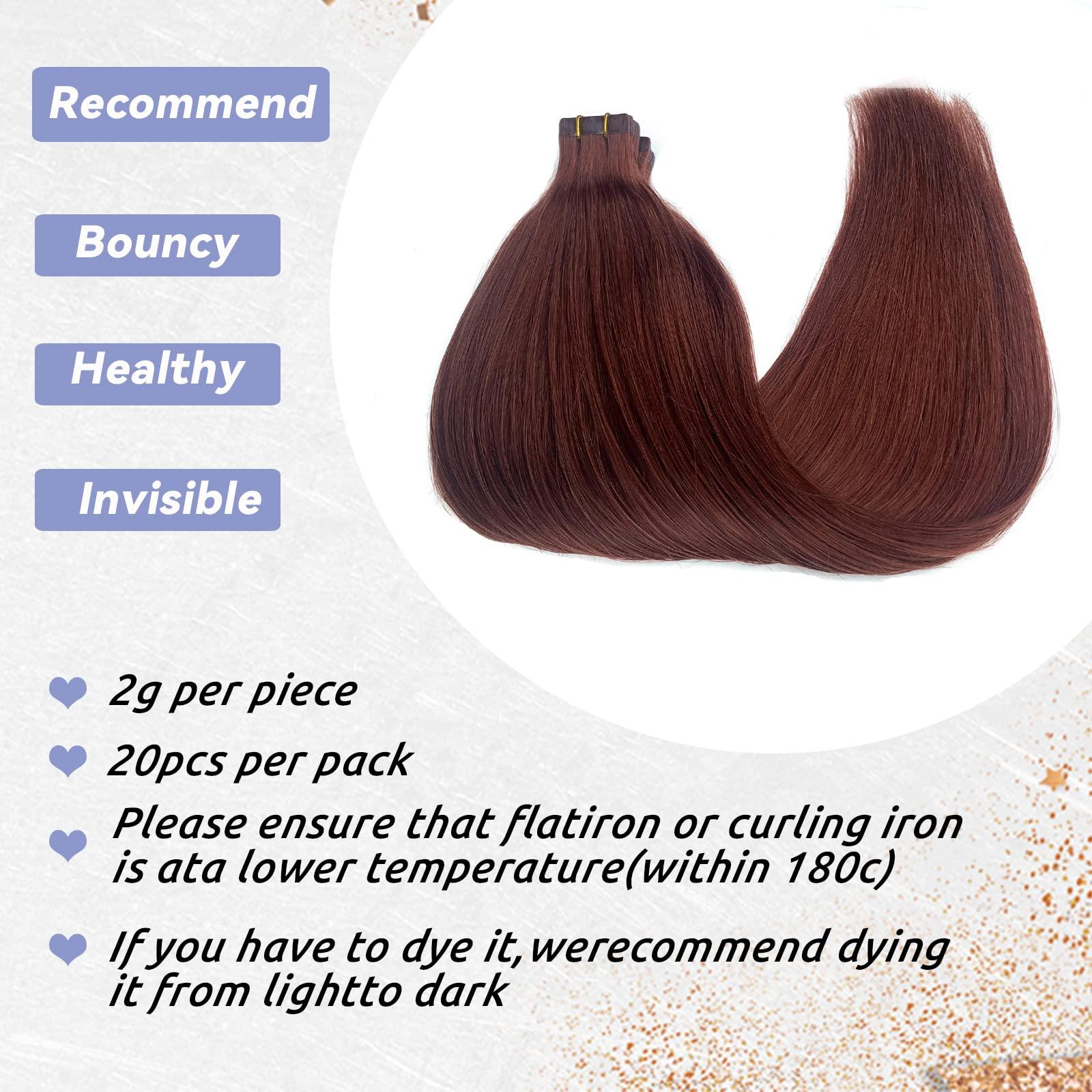Smavida Dark Auburn Remy Tape in Hair Extensions Premium 100% Human Hair with Invisible Tape Attached Semi Permanent Hair Extensions 24Inch Silk Straight Human Hair Extensions 70grams for Girls/Women