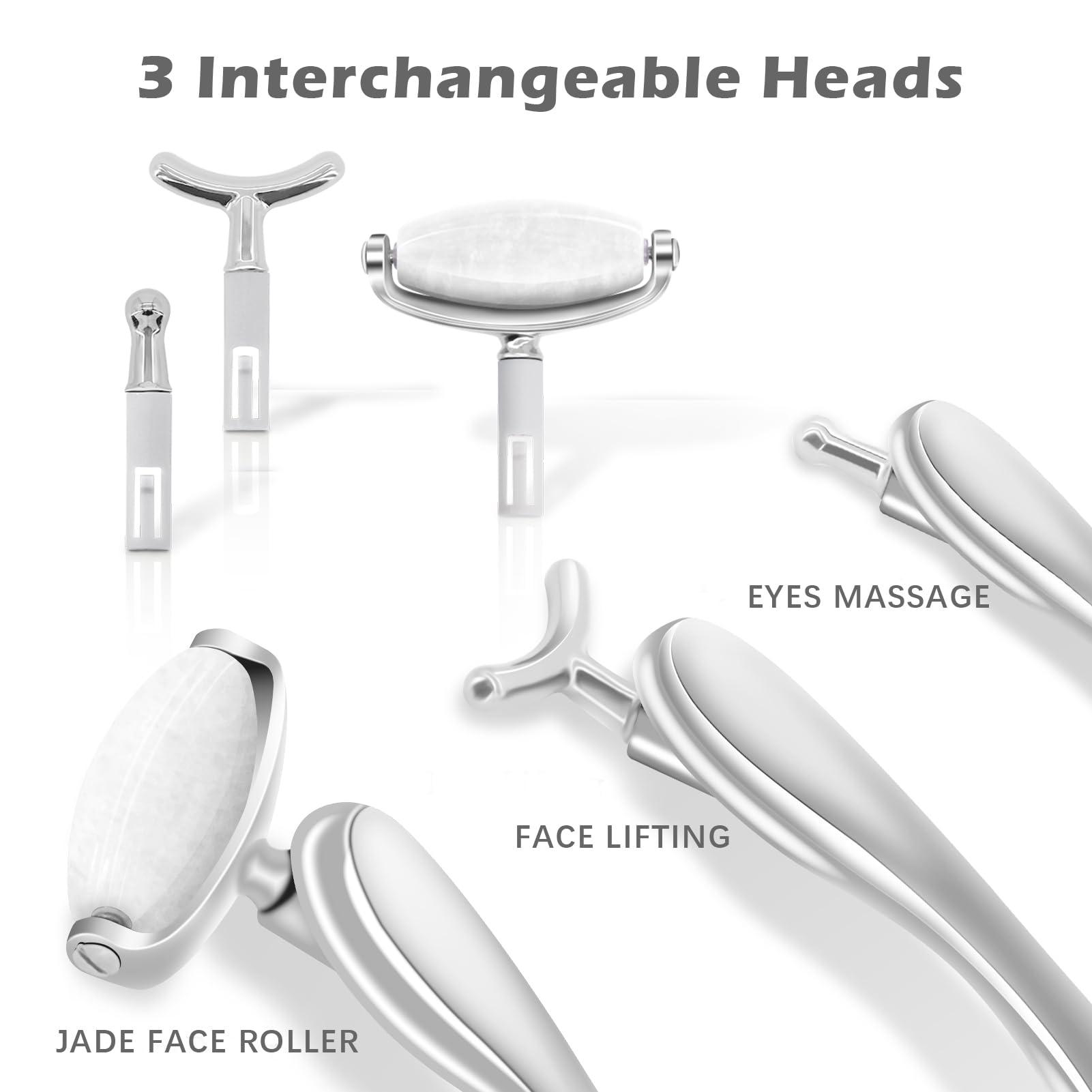 ROMALOVE Jade Facial Roller, Real Jade Face Roller Massager with 3 Interchangeable Heads for Women Routine Skin Care, Reduce Puffiness Wrinkling Rejuvenate Skin (White Jade + Silver Handle)